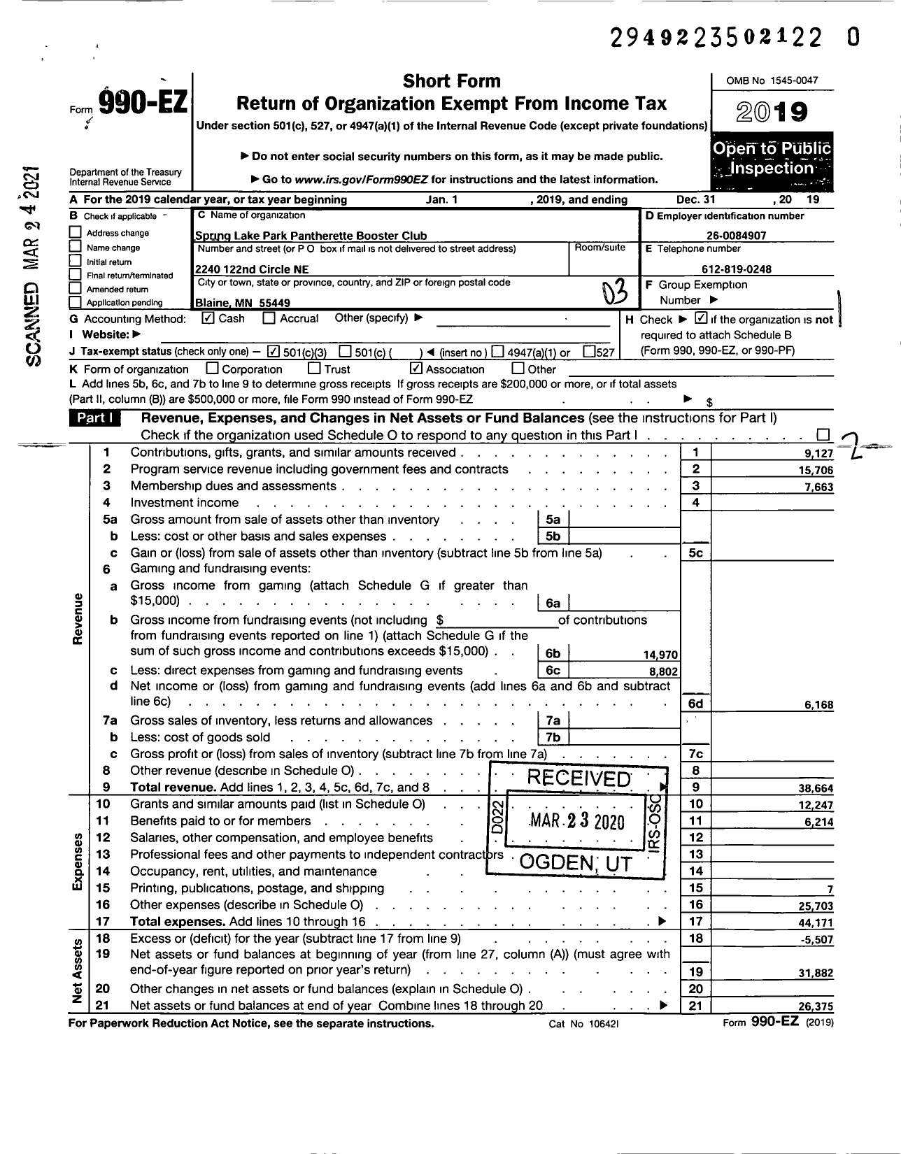 Image of first page of 2019 Form 990EZ for Spring Lake Park High School Pantherette Booster Club