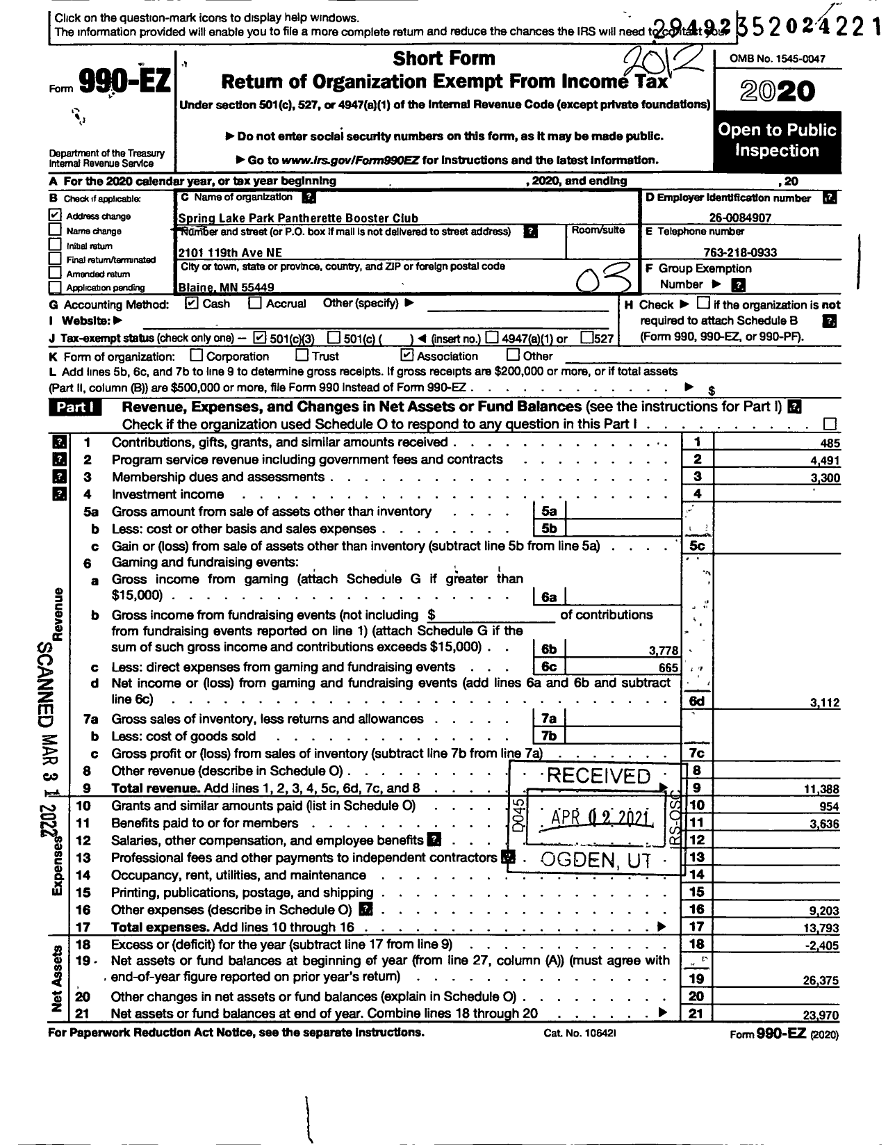 Image of first page of 2020 Form 990EZ for Spring Lake Park High School Pantherette Booster Club