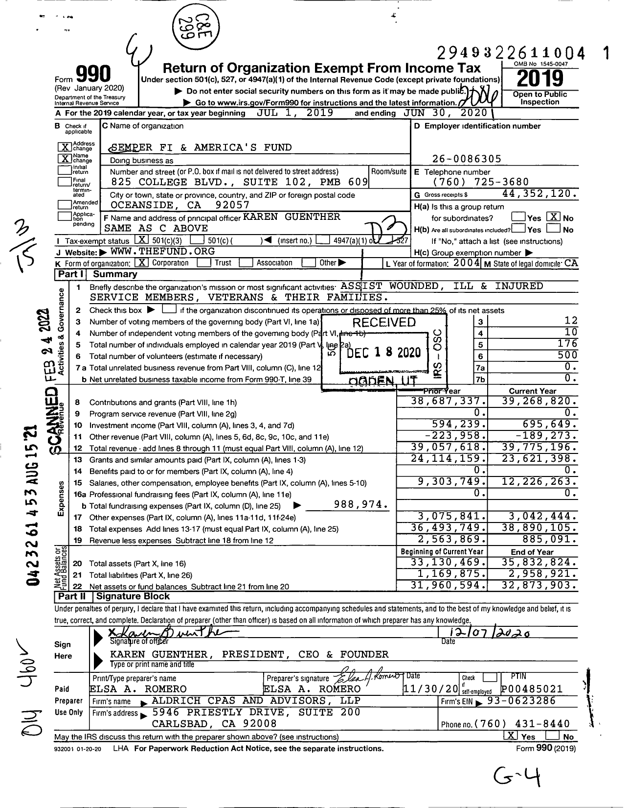 Image of first page of 2019 Form 990 for Semper Fi and America's Fund