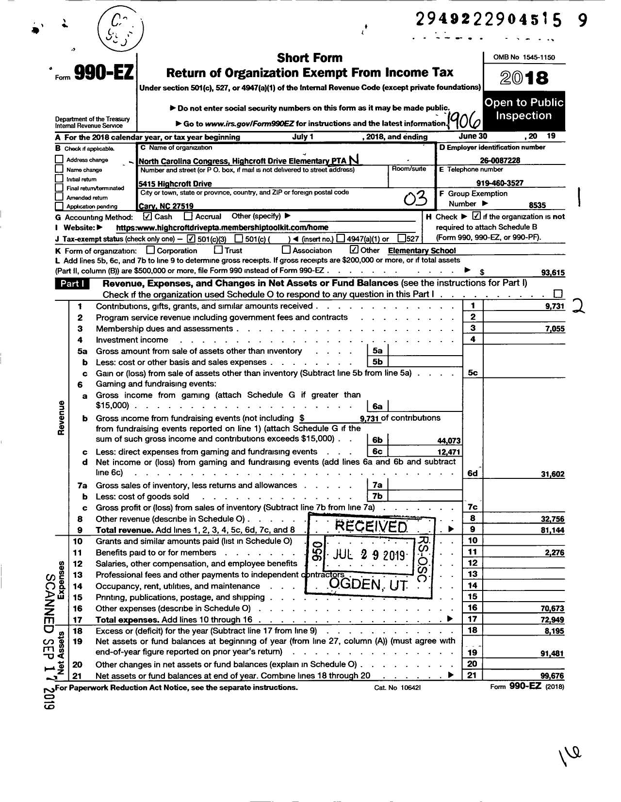 Image of first page of 2018 Form 990EZ for North Carolina PTA - Highcroft Drive Elementary PTA