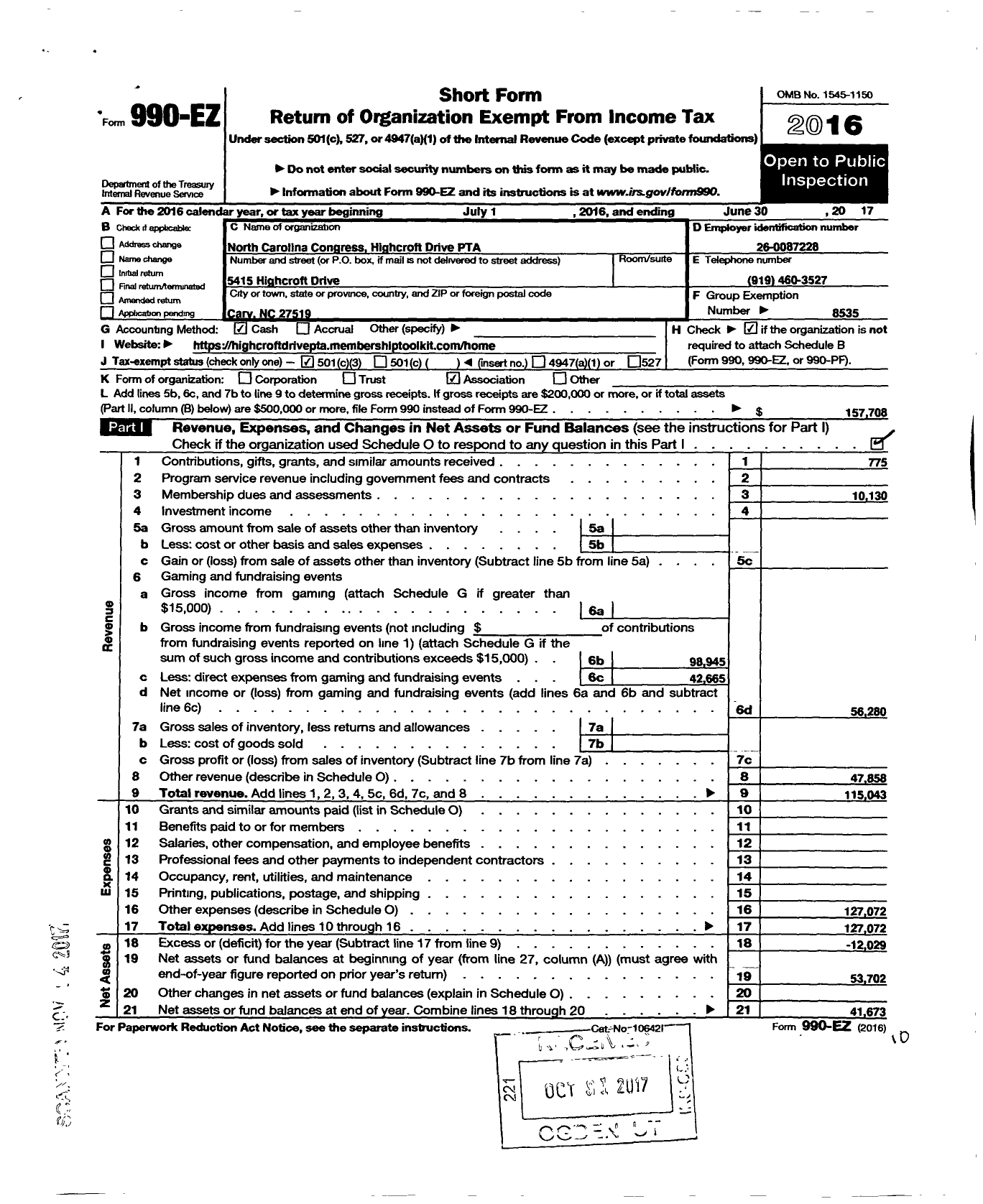 Image of first page of 2016 Form 990EZ for North Carolina PTA - Highcroft Drive Elementary PTA