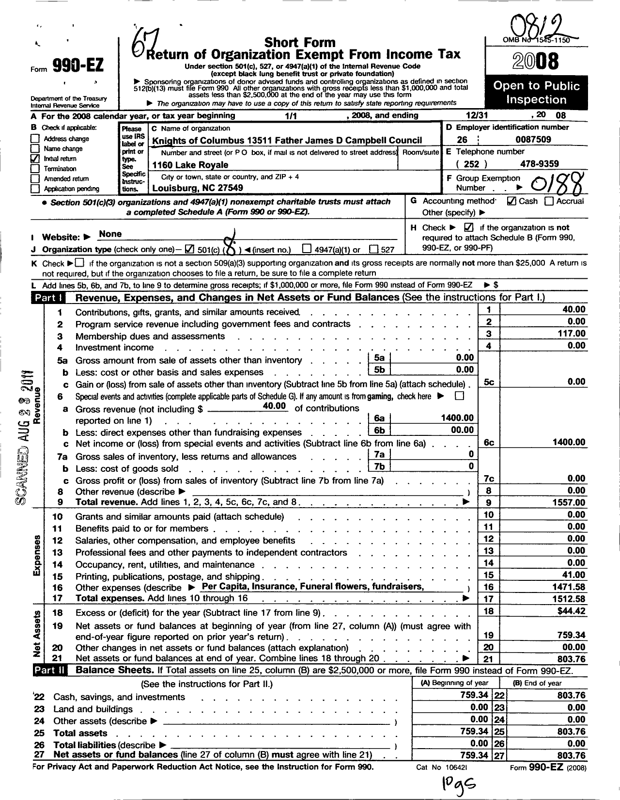 Image of first page of 2008 Form 990EO for Knights of Columbus