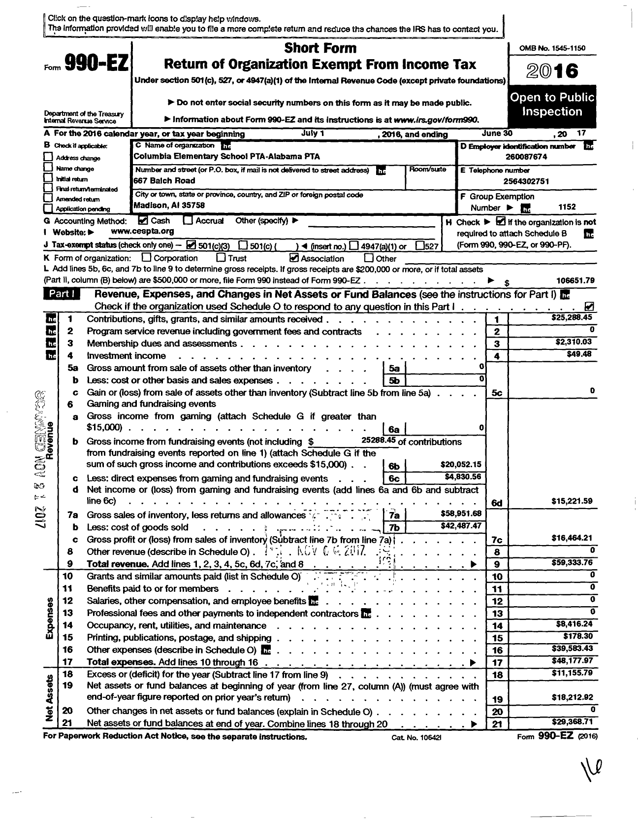 Image of first page of 2016 Form 990EZ for PTA Alabama Congress / Columbia Elementary School PTA