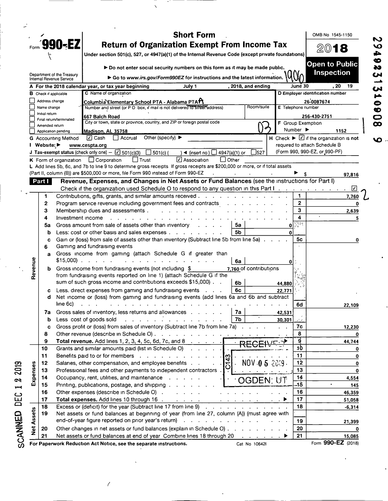 Image of first page of 2018 Form 990EZ for PTA Alabama Congress / Columbia Elementary School PTA