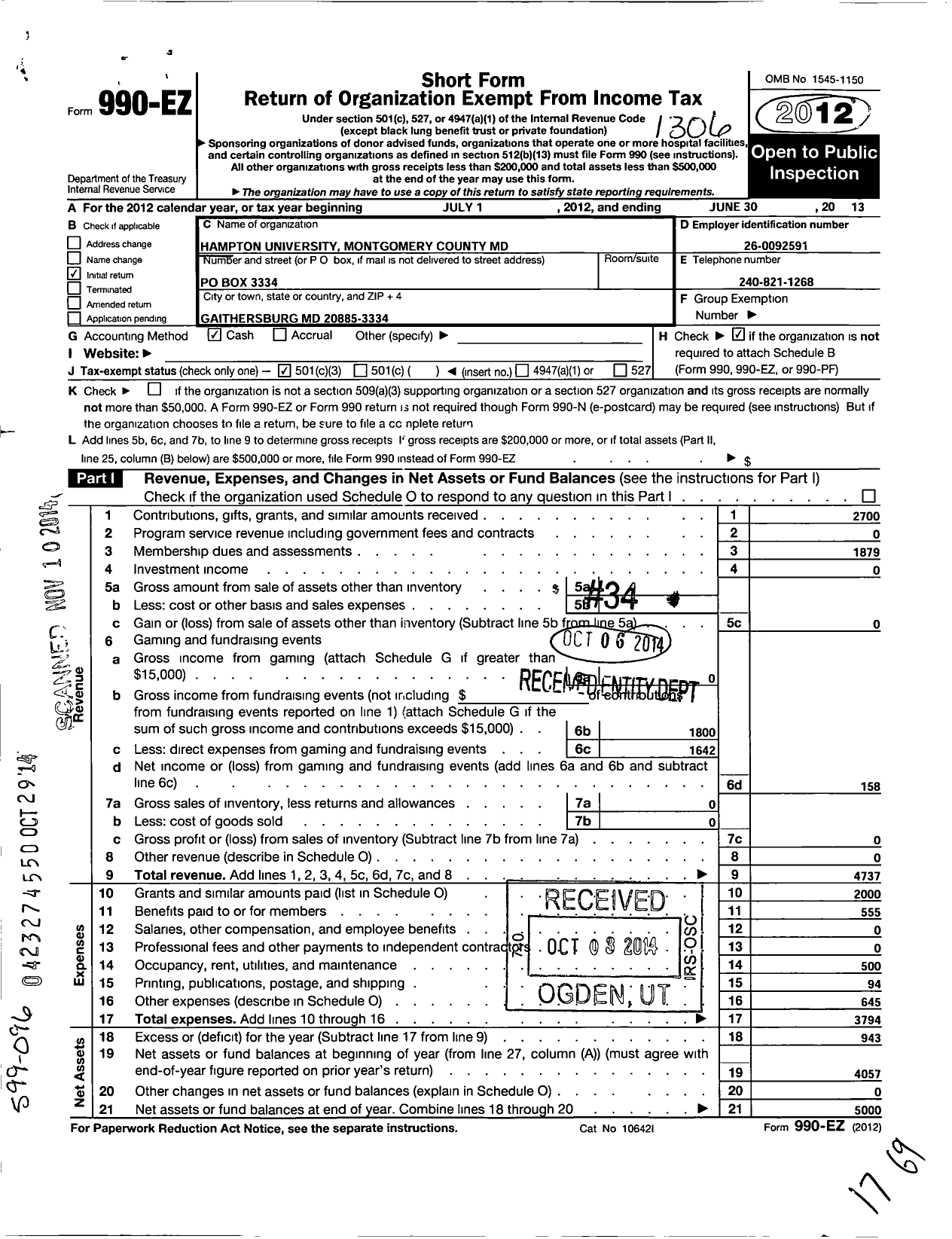 Image of first page of 2012 Form 990EZ for Hampton University / Montgomery County MD