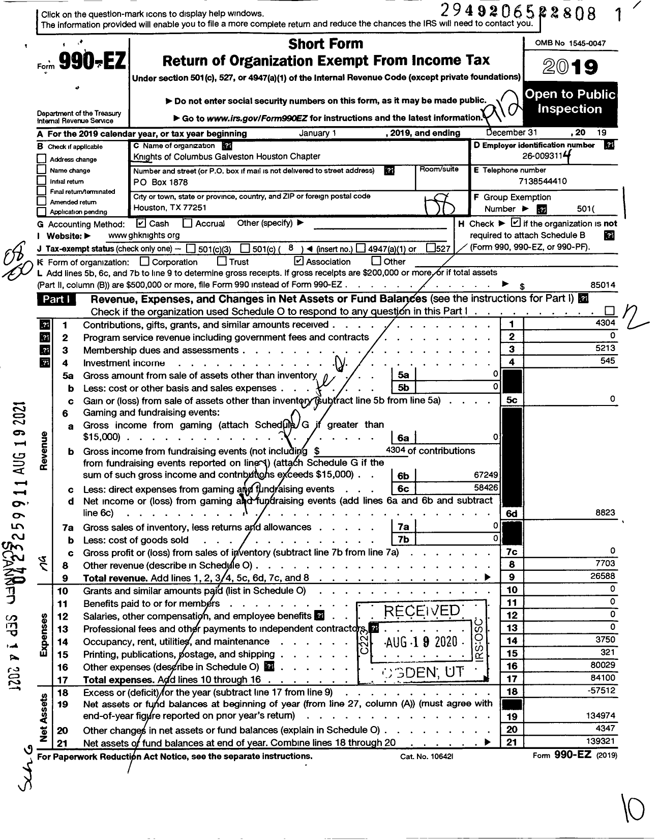 Image of first page of 2019 Form 990EO for Knights of Columbus / Galveston Houston Chapter