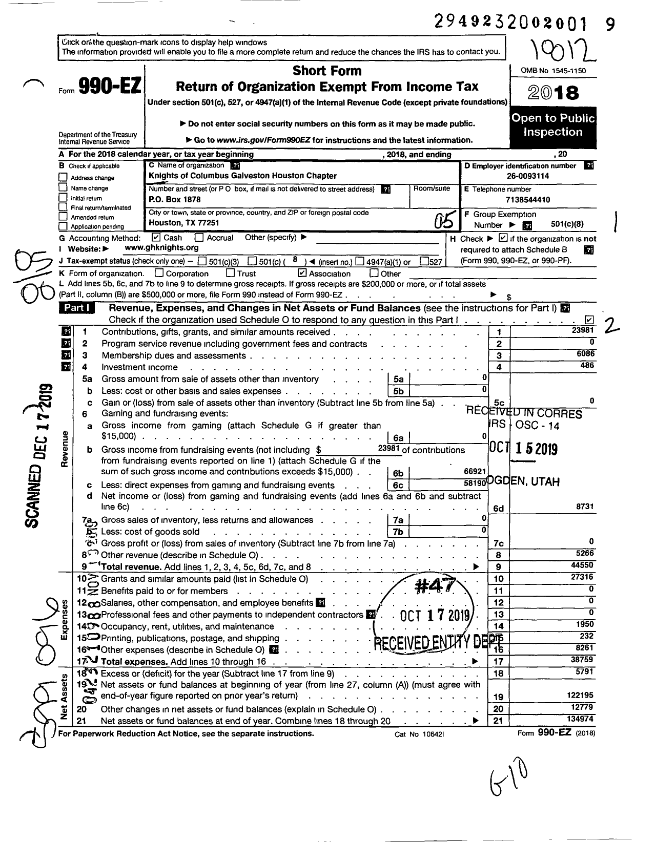 Image of first page of 2018 Form 990EO for Knights of Columbus / Galveston Houston Chapter