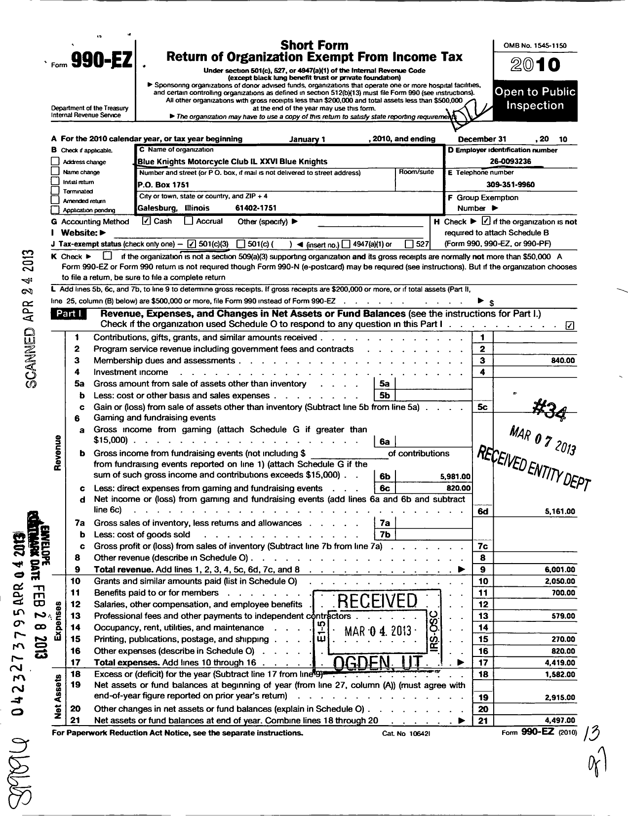 Image of first page of 2010 Form 990EZ for Blue Knights Motorcycle Club / Il Xxvi Blue Knights