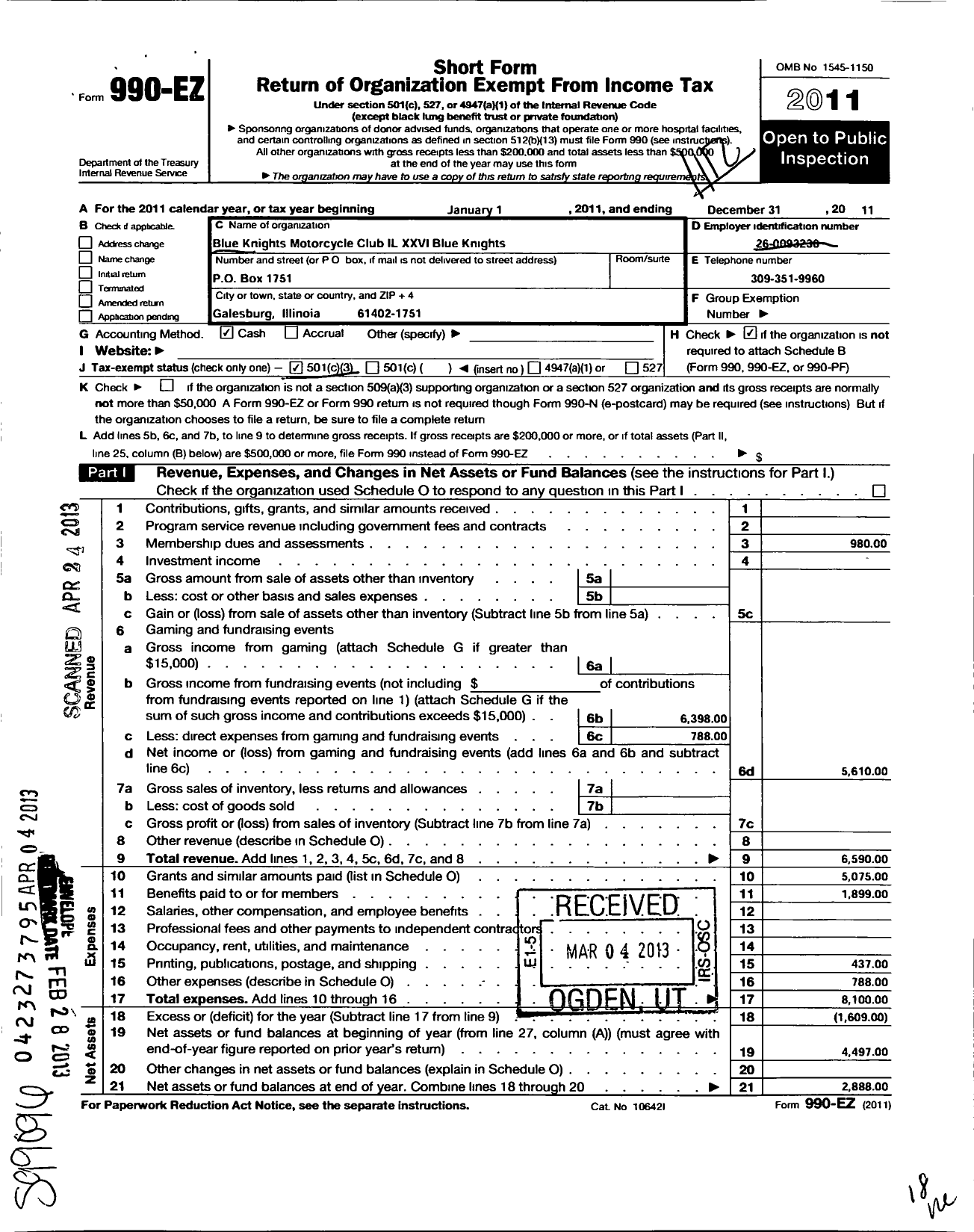 Image of first page of 2011 Form 990EZ for Blue Knights Motorcycle Club / Il Xxvi Blue Knights