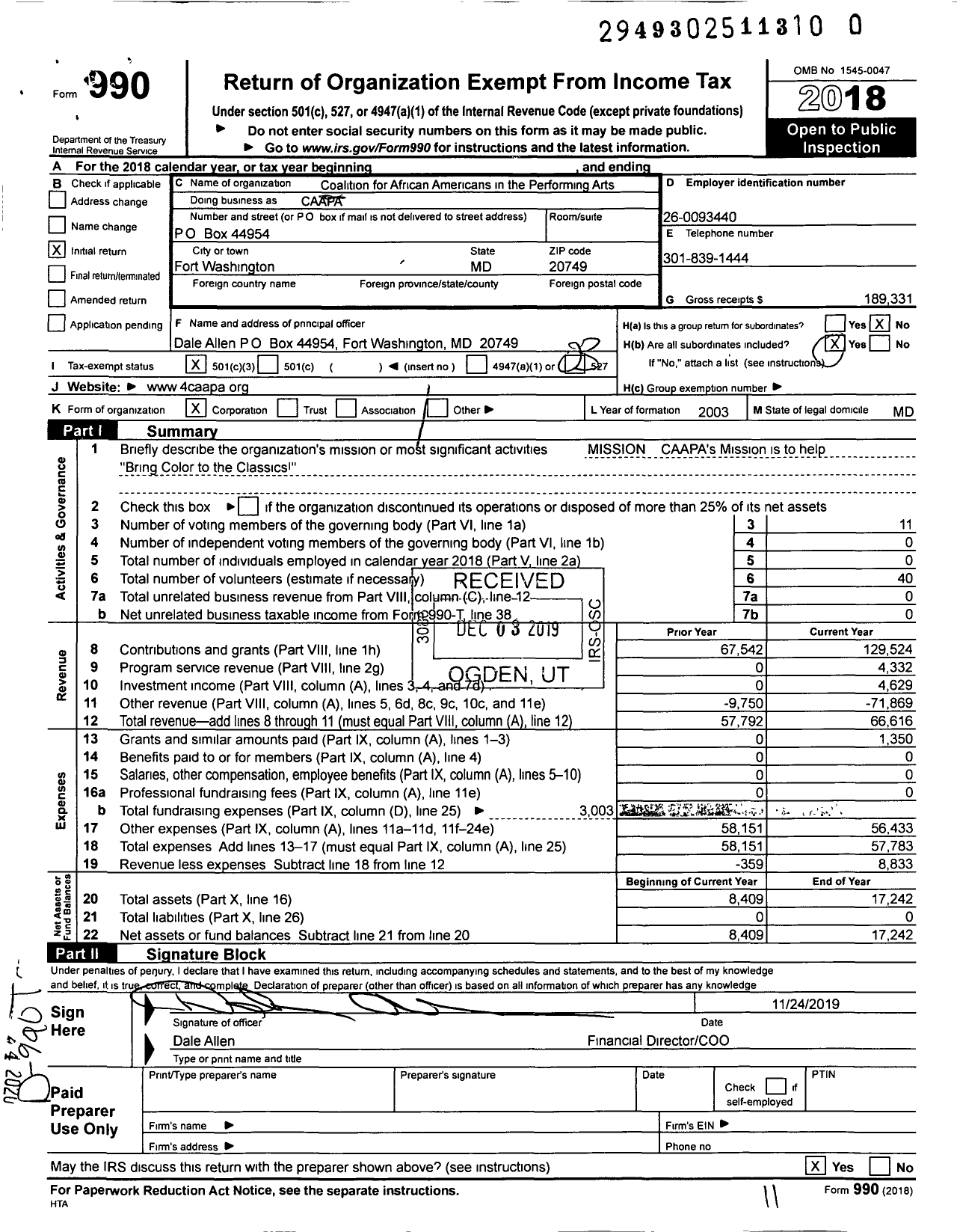 Image of first page of 2018 Form 990 for Coalition for African Americans in the Performing Arts (CAAPA)