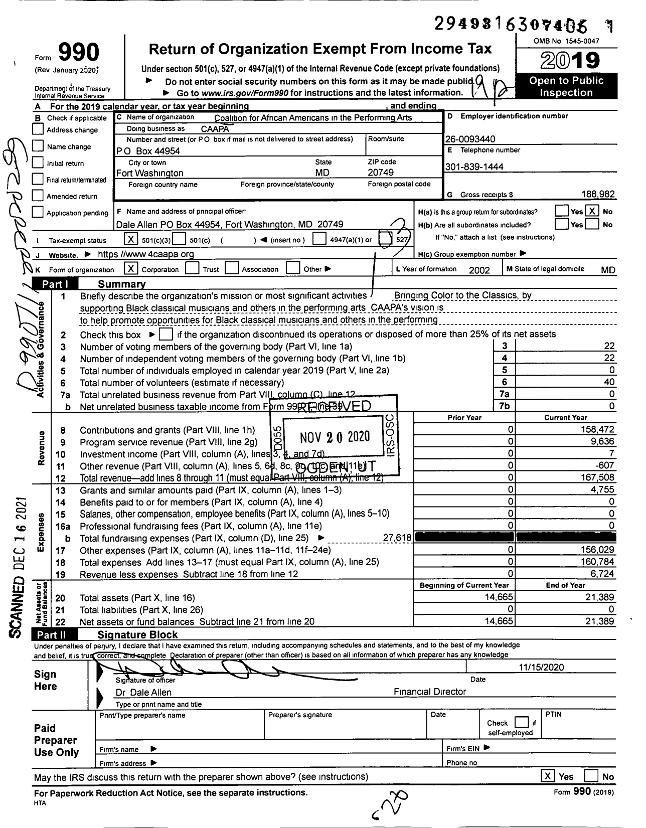 Image of first page of 2019 Form 990 for Coalition for African Americans in the Performing Arts (CAAPA)