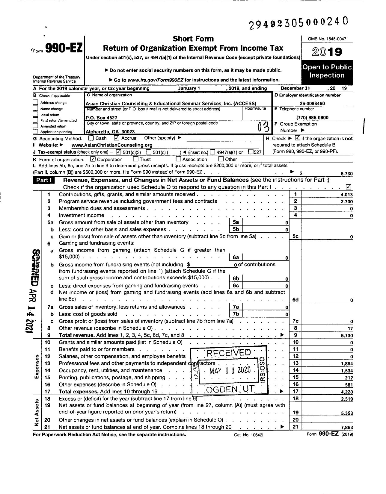 Image of first page of 2019 Form 990EZ for Asian Christian Counseling and Educational Seminar Services