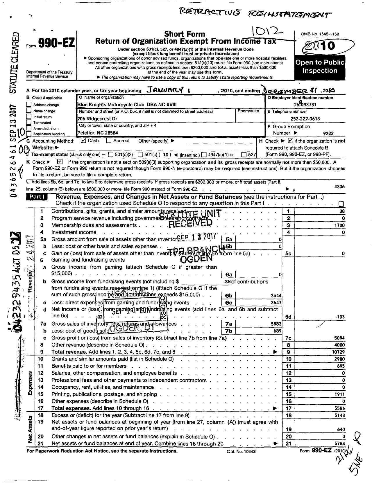 Image of first page of 2010 Form 990EO for Blue Knights Motorcycle Club Chapter Xviii North Carolina