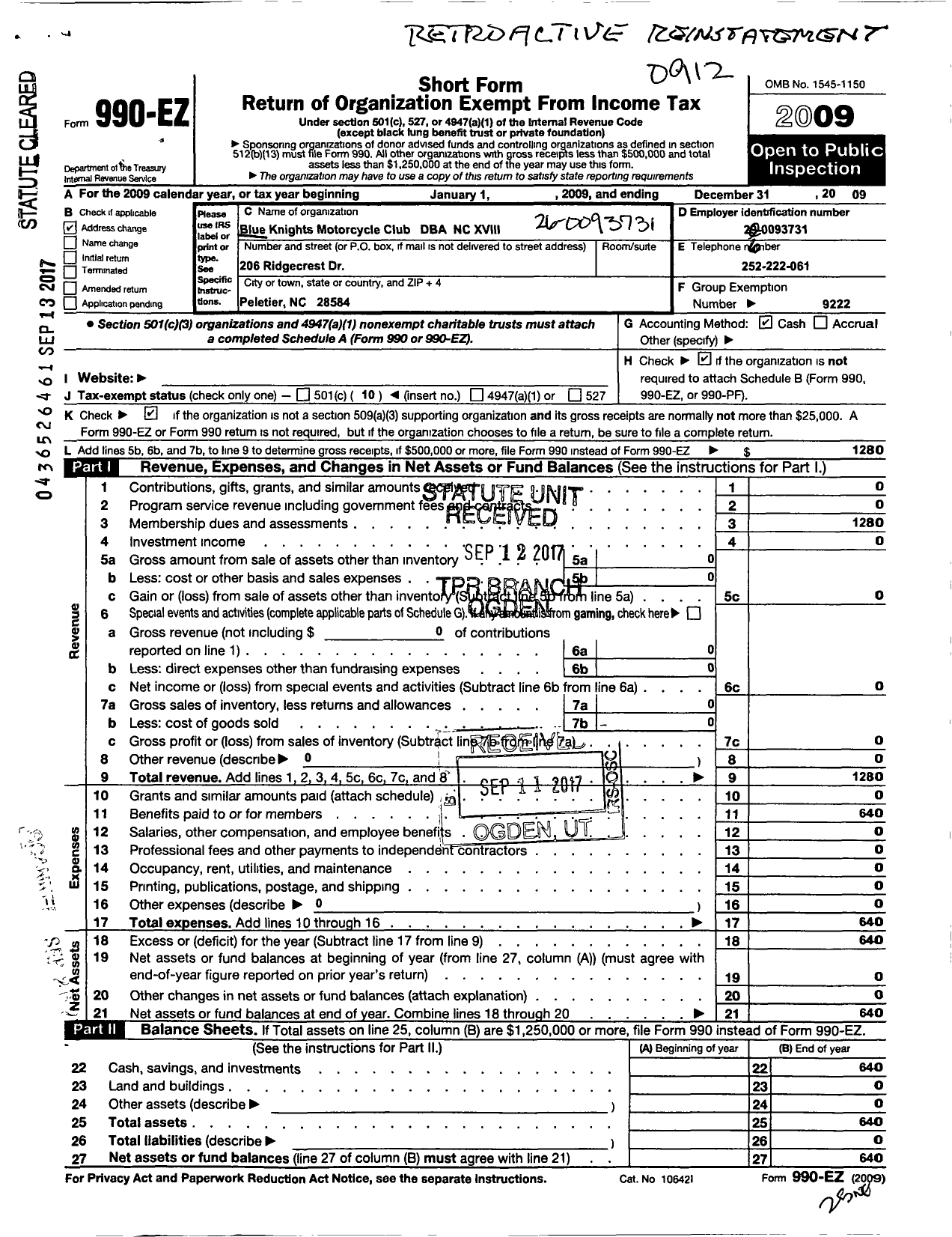 Image of first page of 2009 Form 990EO for Blue Knights Motorcycle Club Chapter Xviii North Carolina