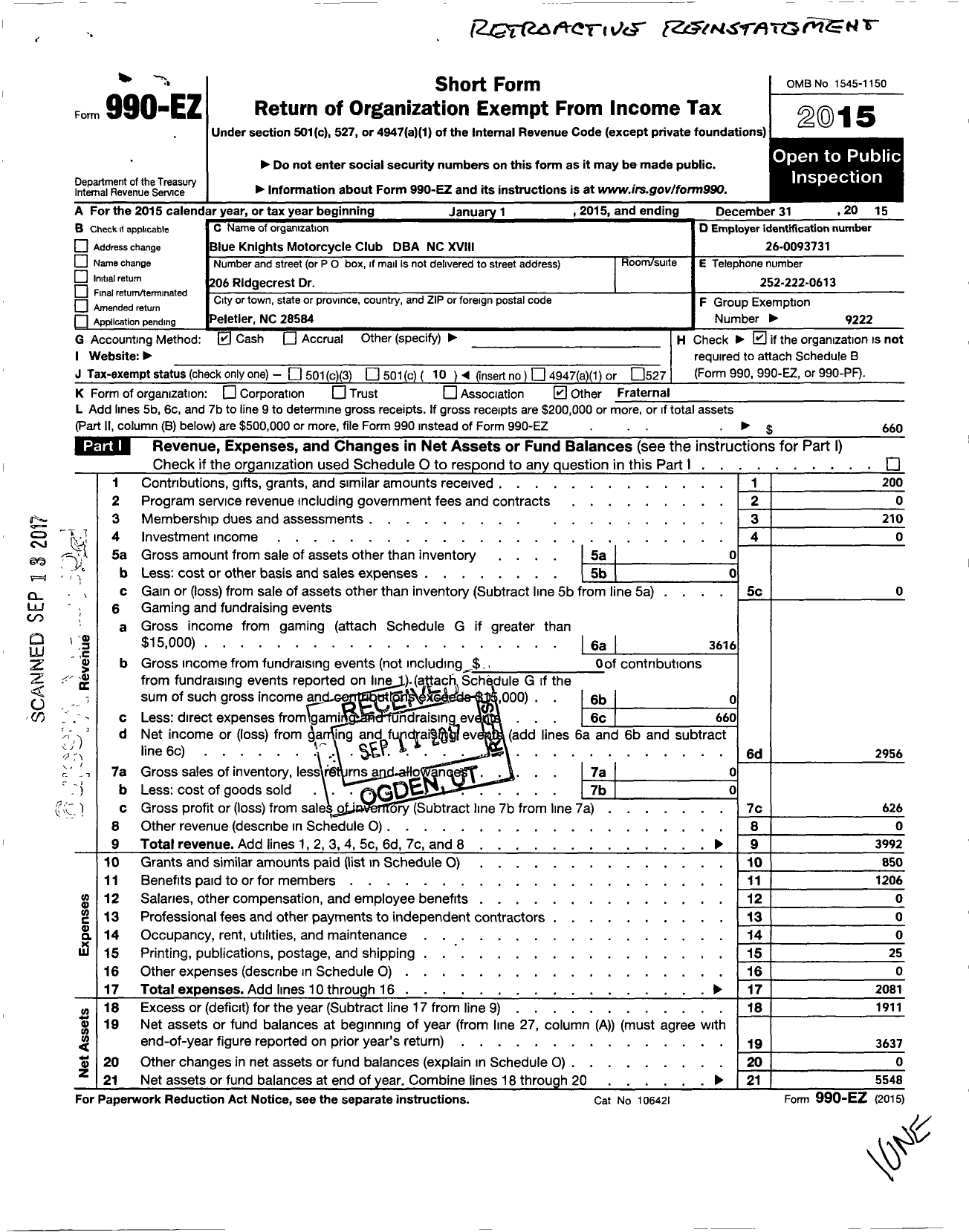 Image of first page of 2015 Form 990EO for Blue Knights Motorcycle Club Chapter Xviii North Carolina