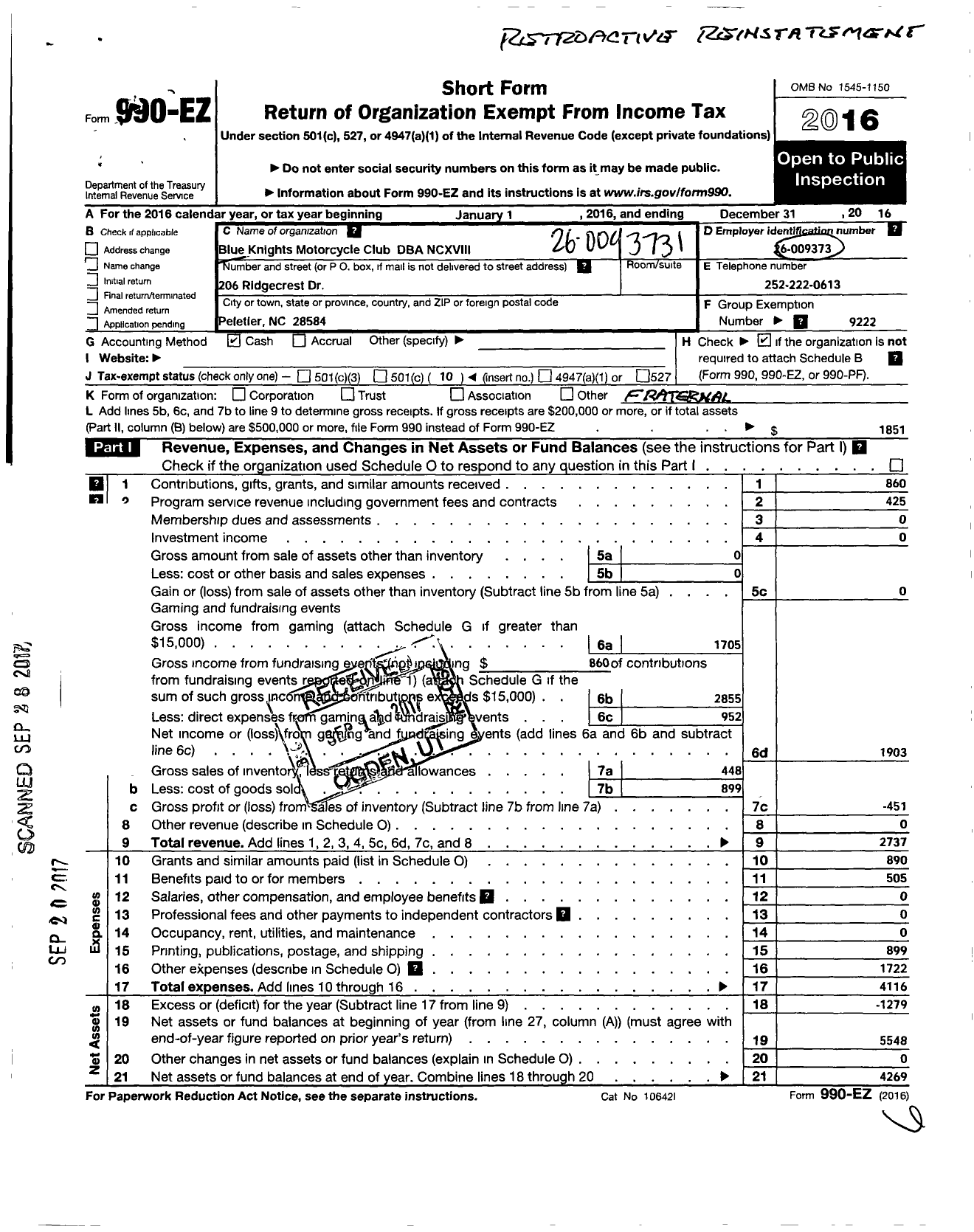 Image of first page of 2016 Form 990EO for Blue Knights Motorcycle Club Chapter Xviii North Carolina