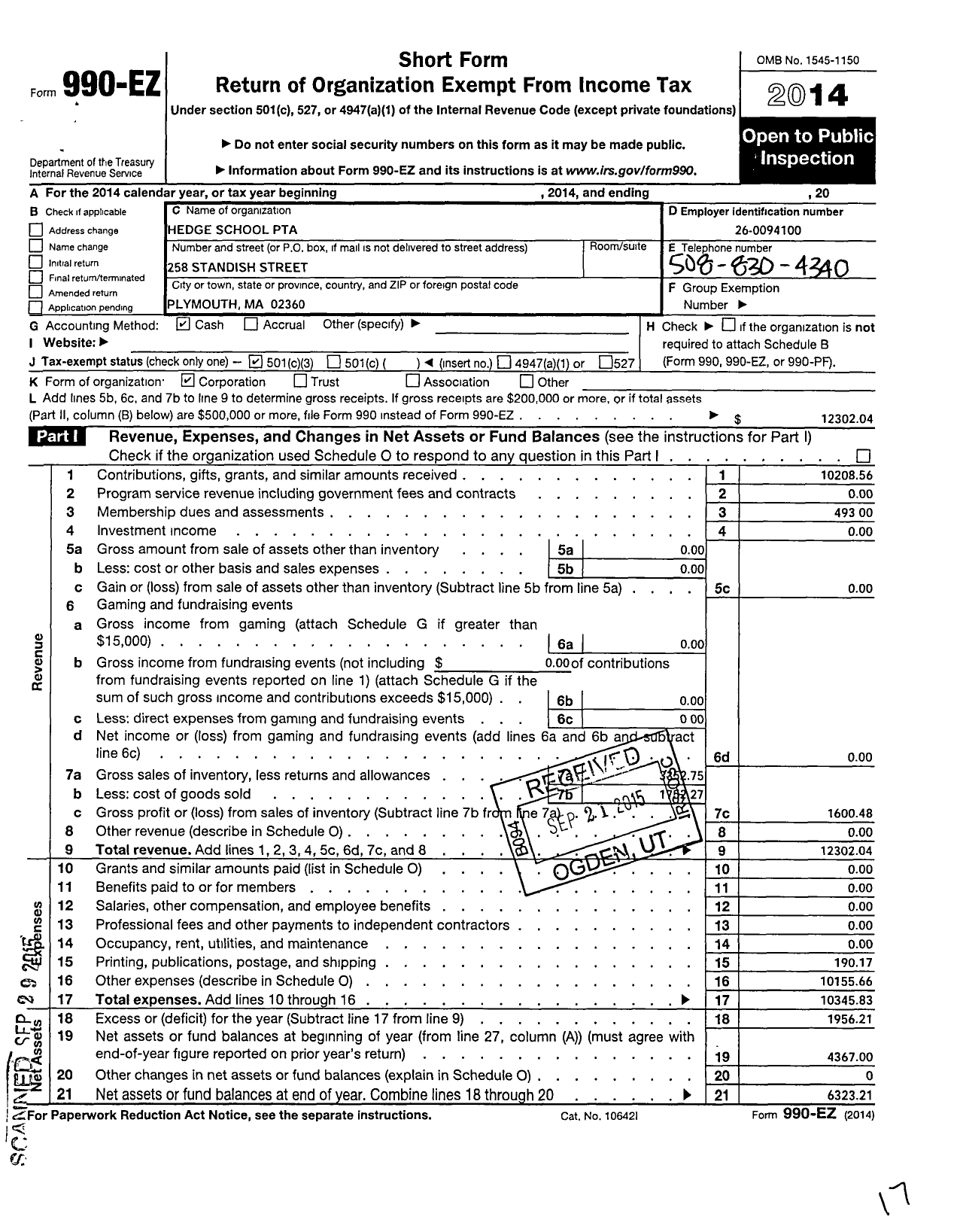 Image of first page of 2014 Form 990EZ for Hedge Elementary School PTA