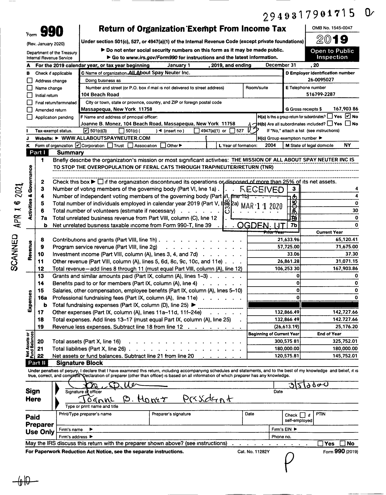 Image of first page of 2019 Form 990 for All About Spay Neuter