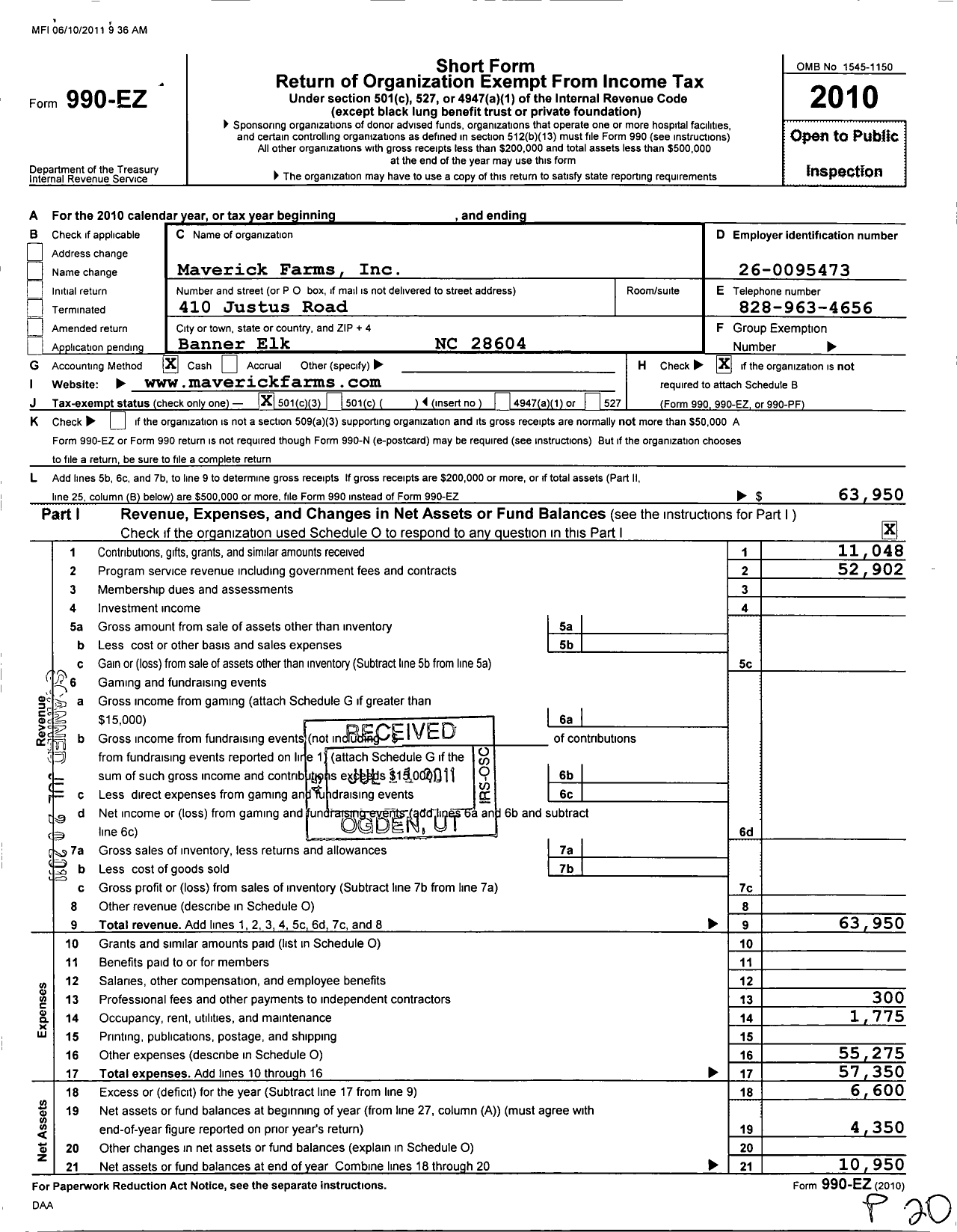 Image of first page of 2010 Form 990EZ for Maverick Farms
