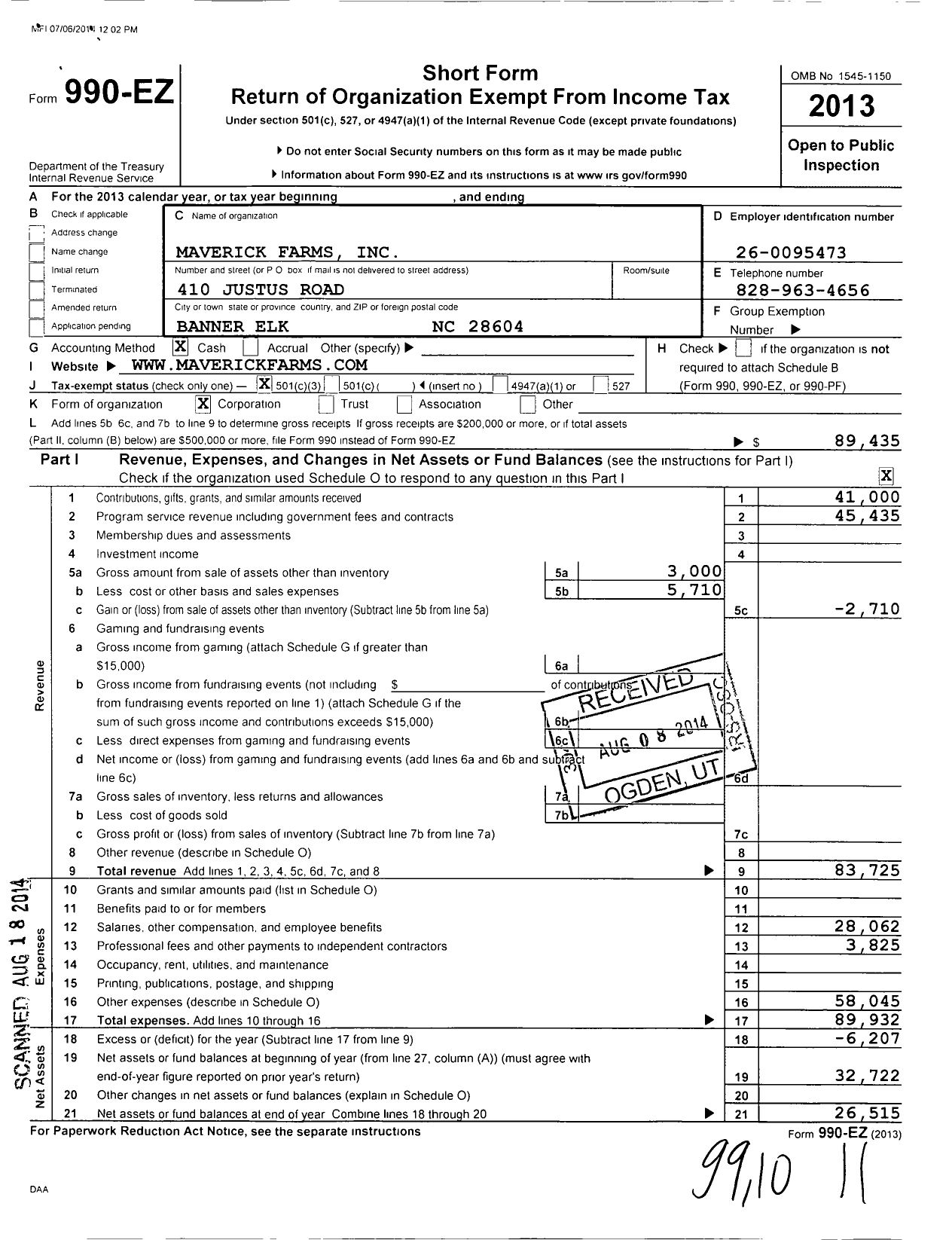 Image of first page of 2013 Form 990EZ for Maverick Farms