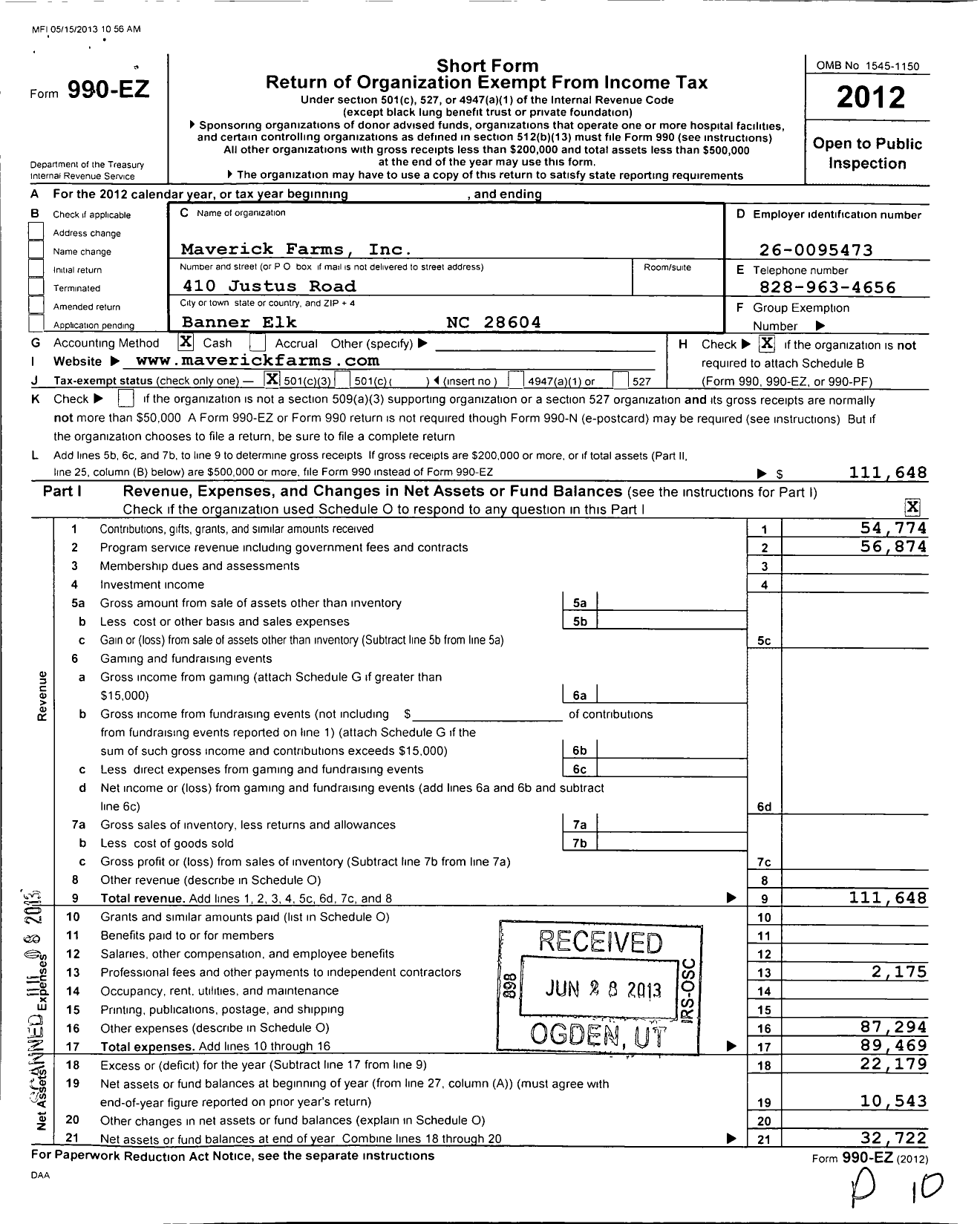 Image of first page of 2012 Form 990EZ for Maverick Farms
