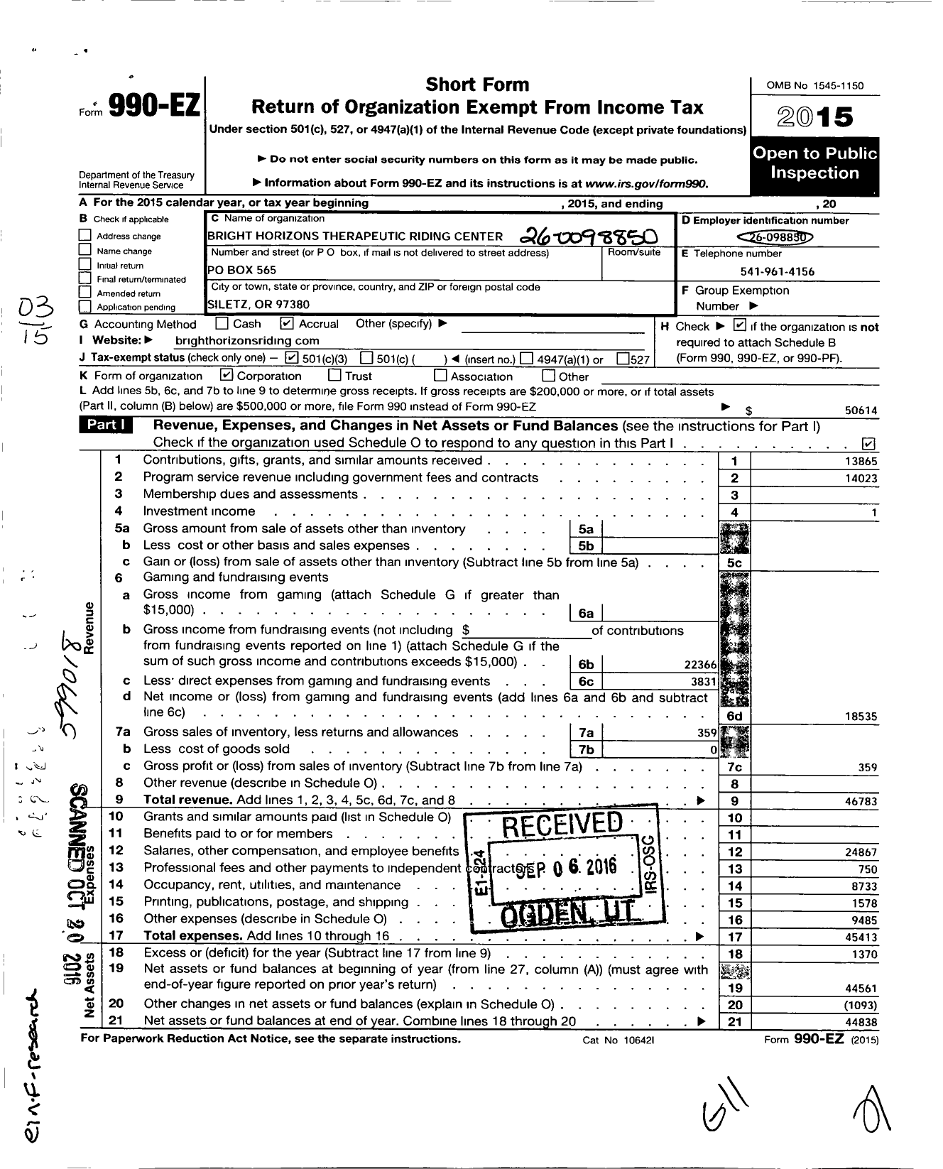 Image of first page of 2015 Form 990EZ for Bright Horizons Therapeutic Riding Center