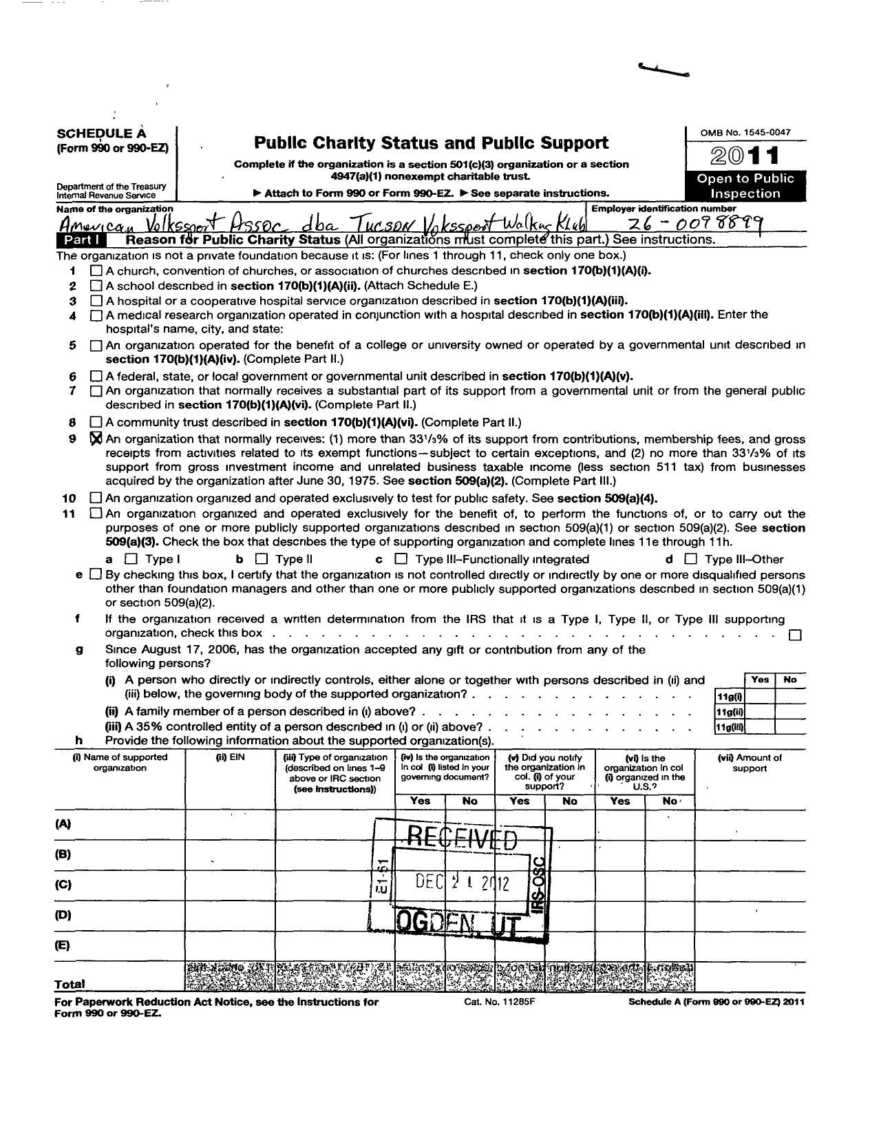 Image of first page of 2010 Form 990ER for American Volkssport Association - 374 Tucson Volkssport Walking Klub