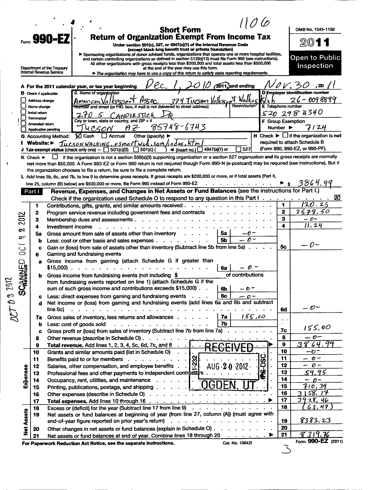 Image of first page of 2010 Form 990EO for American Volkssport Association - 374 Tucson Volkssport Walking Klub