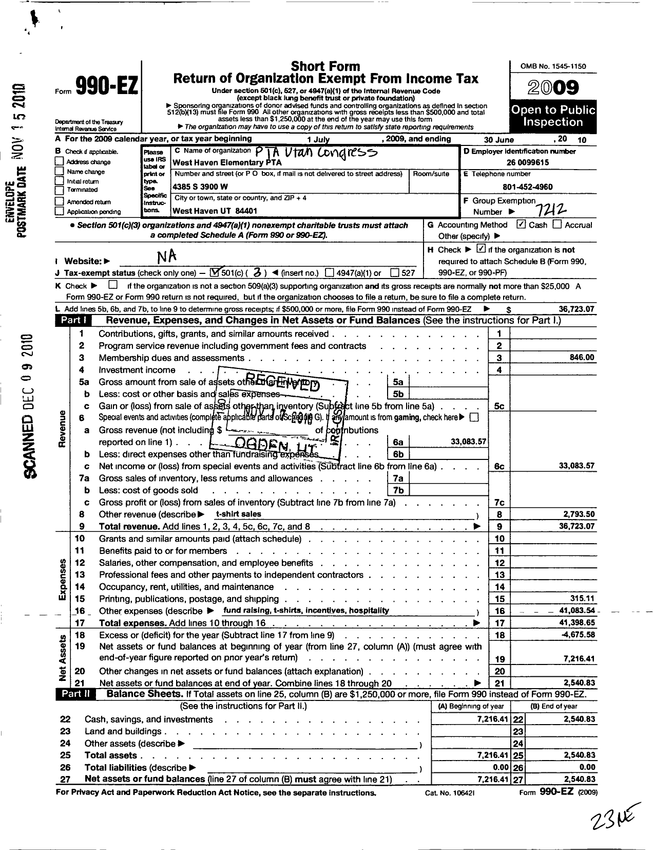 Image of first page of 2009 Form 990EZ for PTA Utah Congress / West Haven Elementary School PTA