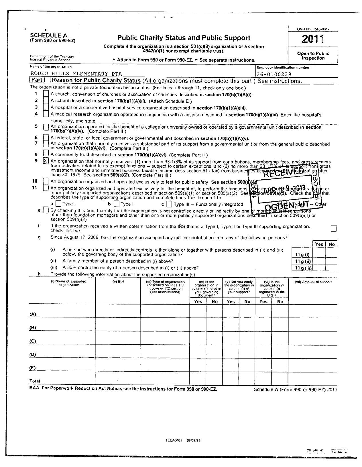 Image of first page of 2011 Form 990R for California State PTA - 5874 Rodeo Hills PTA