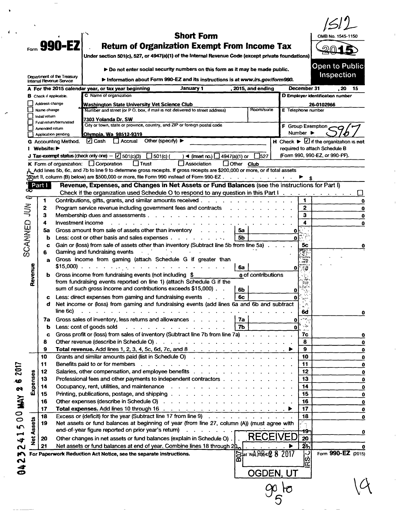 Image of first page of 2015 Form 990EZ for Washington State University / Veterinary Science Club