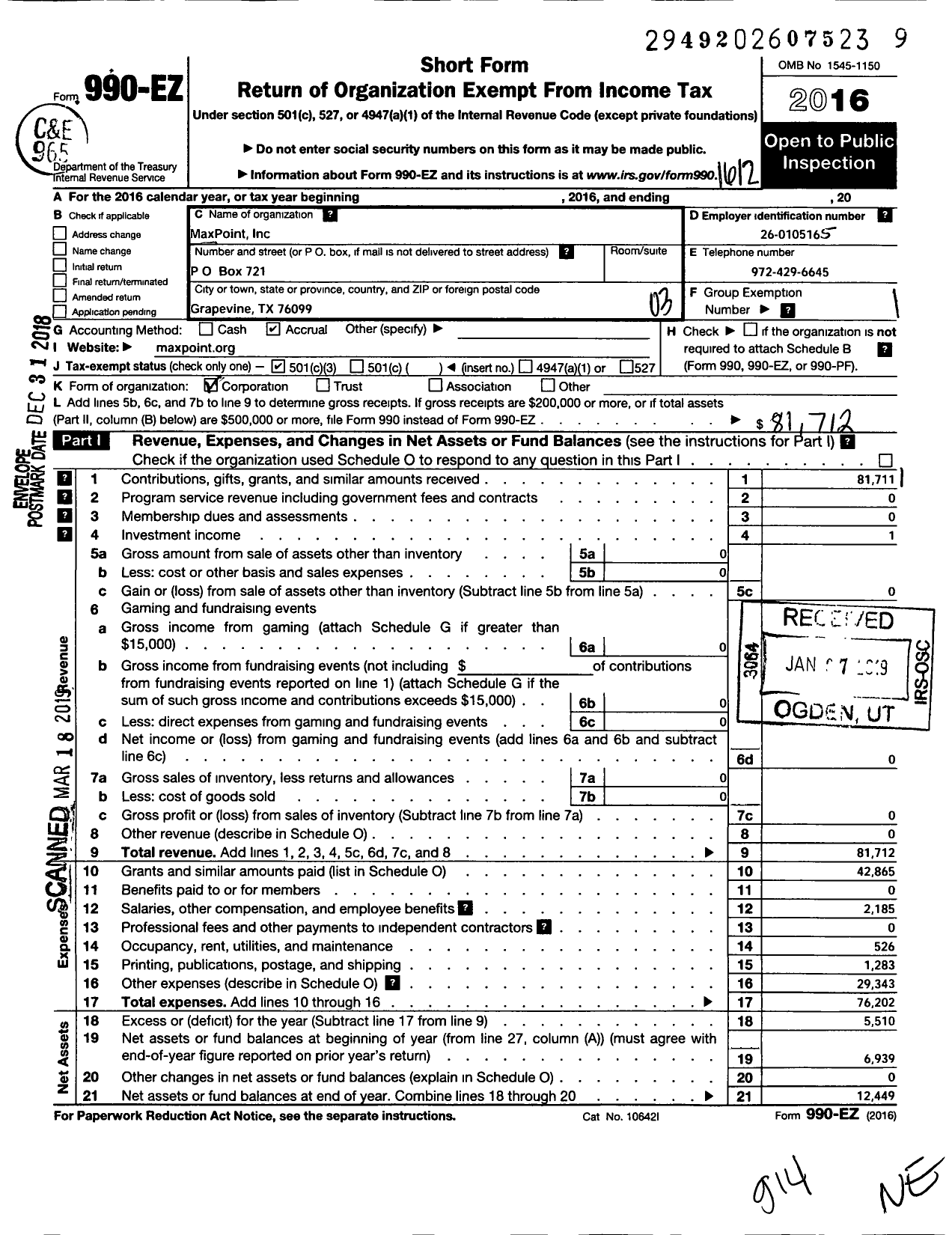 Image of first page of 2016 Form 990EZ for Maxpoint