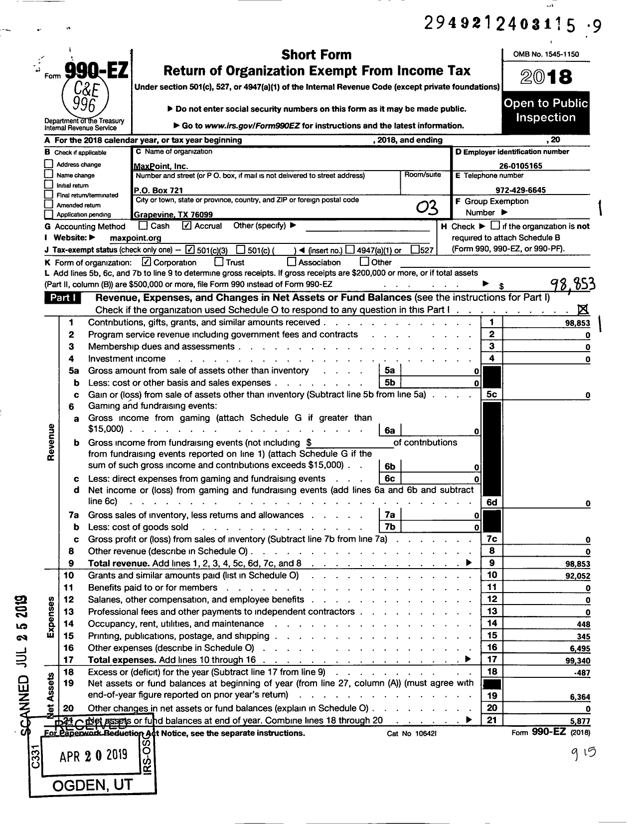 Image of first page of 2018 Form 990EZ for Maxpoint