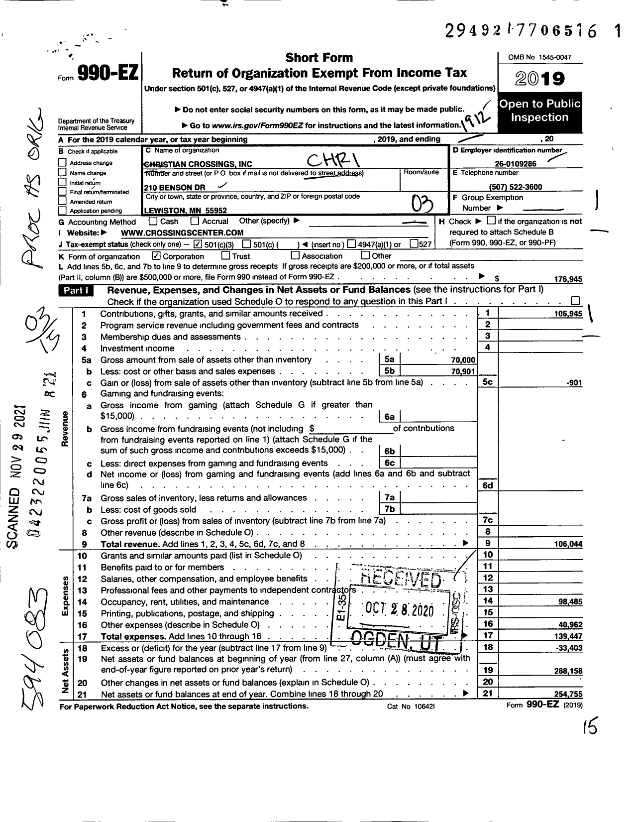 Image of first page of 2019 Form 990EZ for The Crossings Center