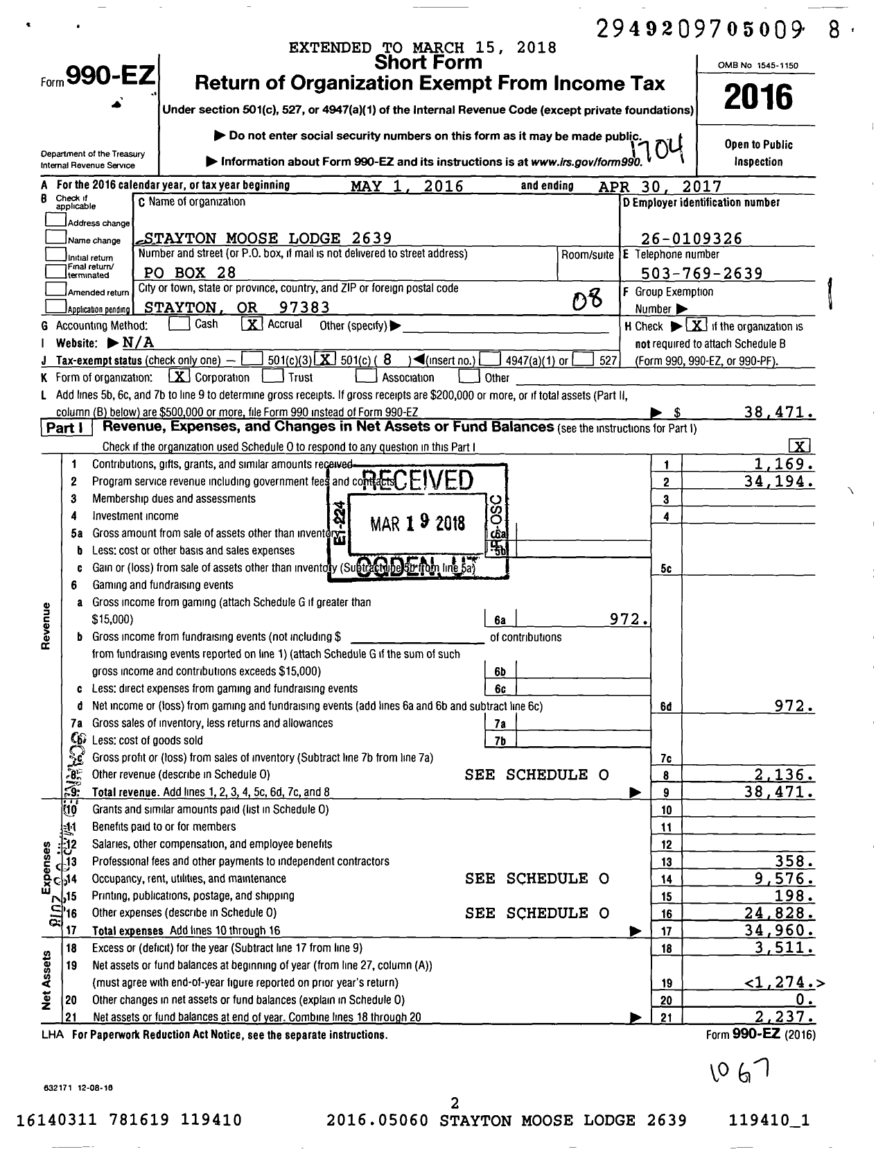 Image of first page of 2016 Form 990EO for Loyal Order of Moose - 2639