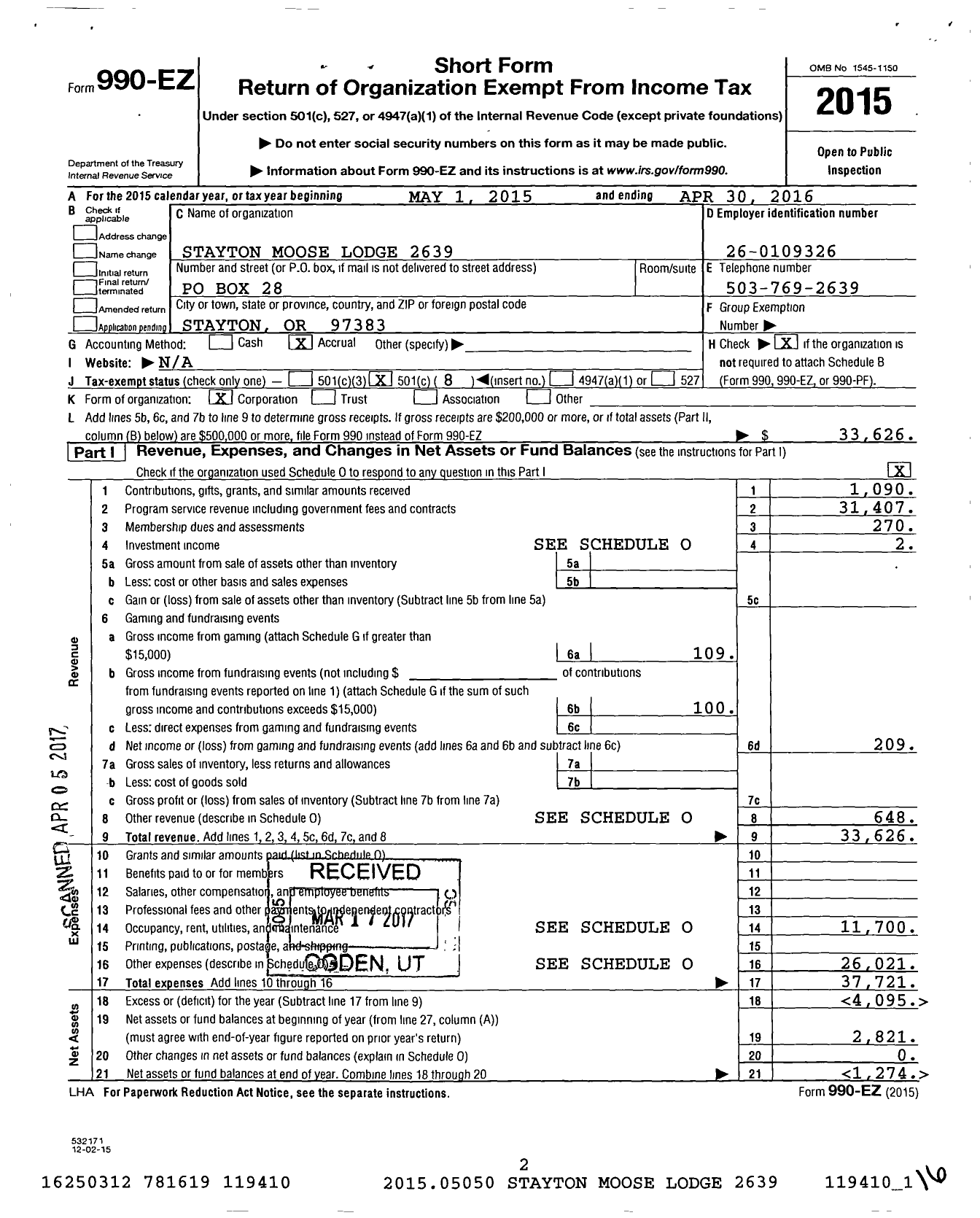 Image of first page of 2015 Form 990EO for Loyal Order of Moose - 2639