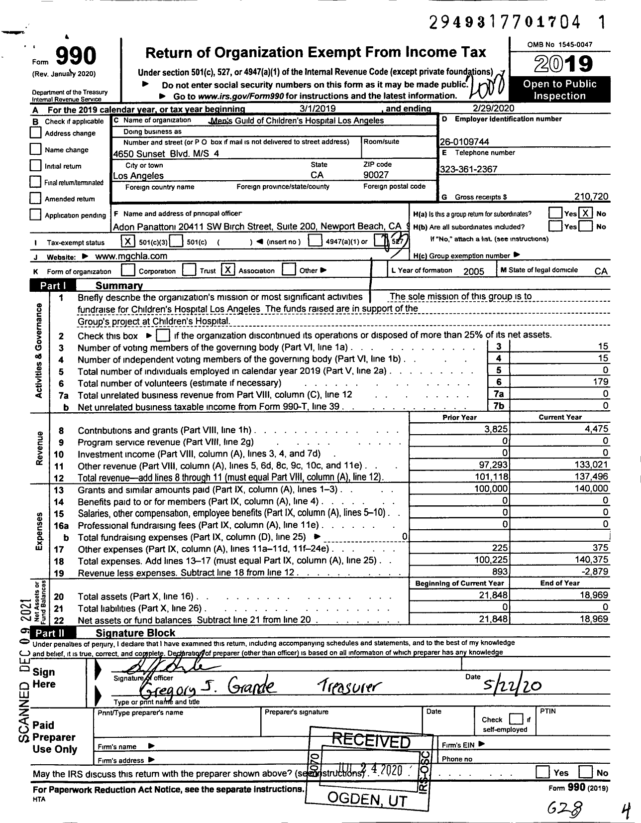 Image of first page of 2019 Form 990 for Men's Guild of Children's Hospital Los Angeles