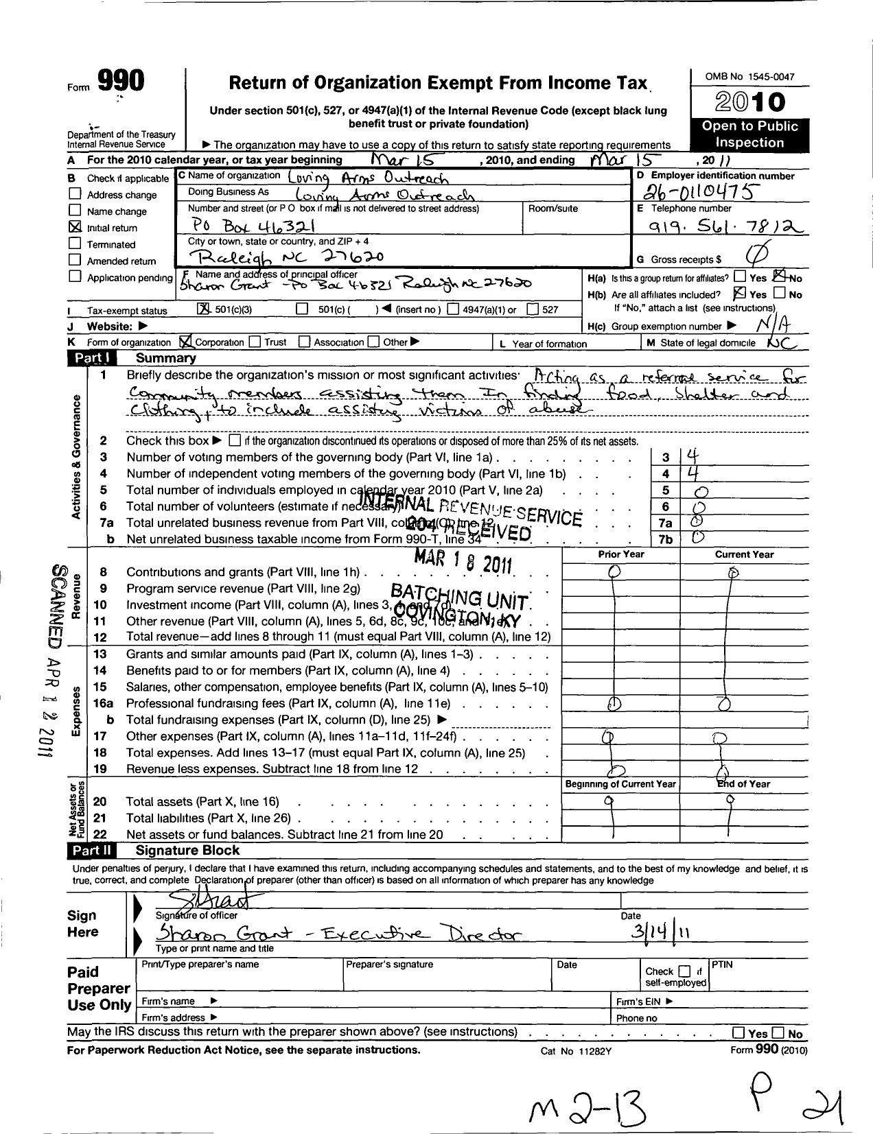 Image of first page of 2010 Form 990 for Loving Arms Outreach