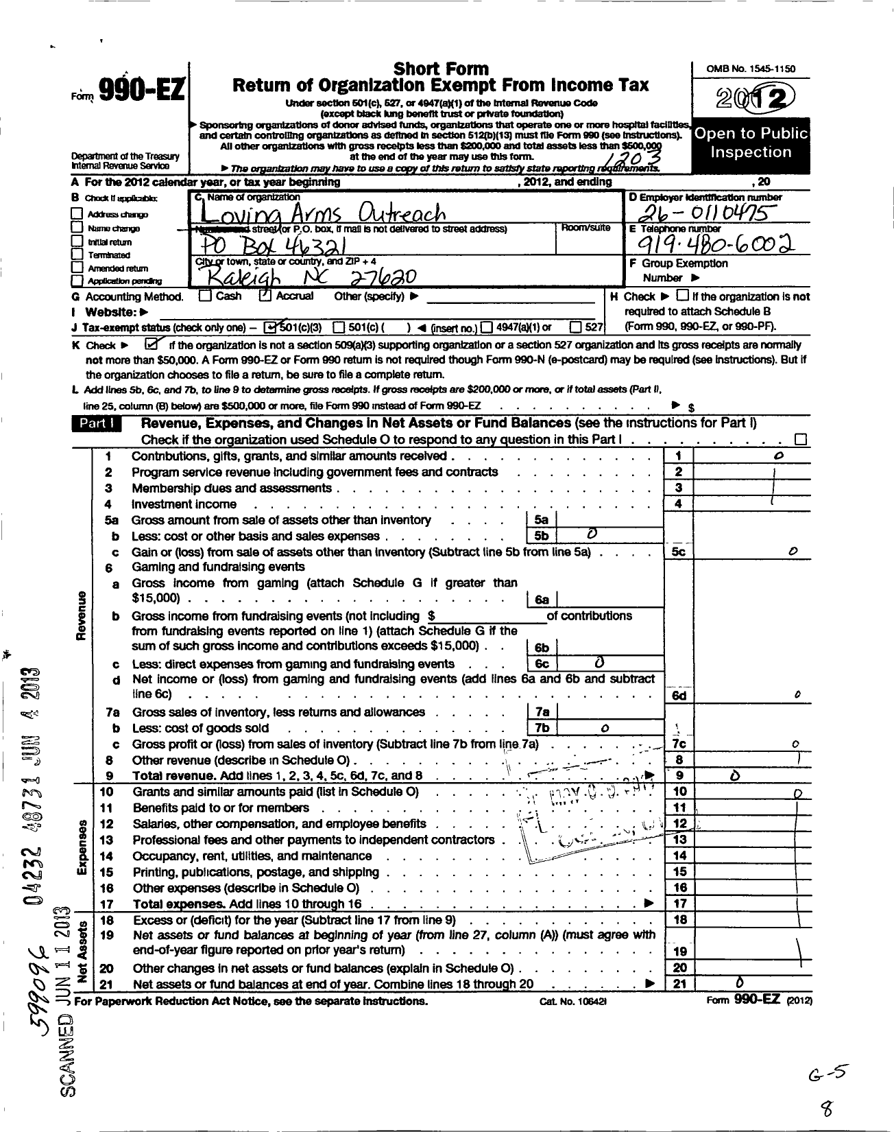 Image of first page of 2011 Form 990EZ for Loving Arms Outreach