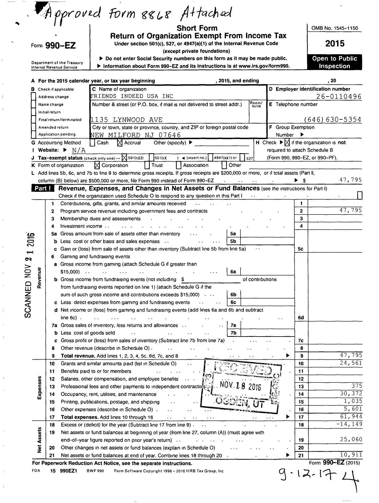 Image of first page of 2015 Form 990EZ for Friends Indeed USA