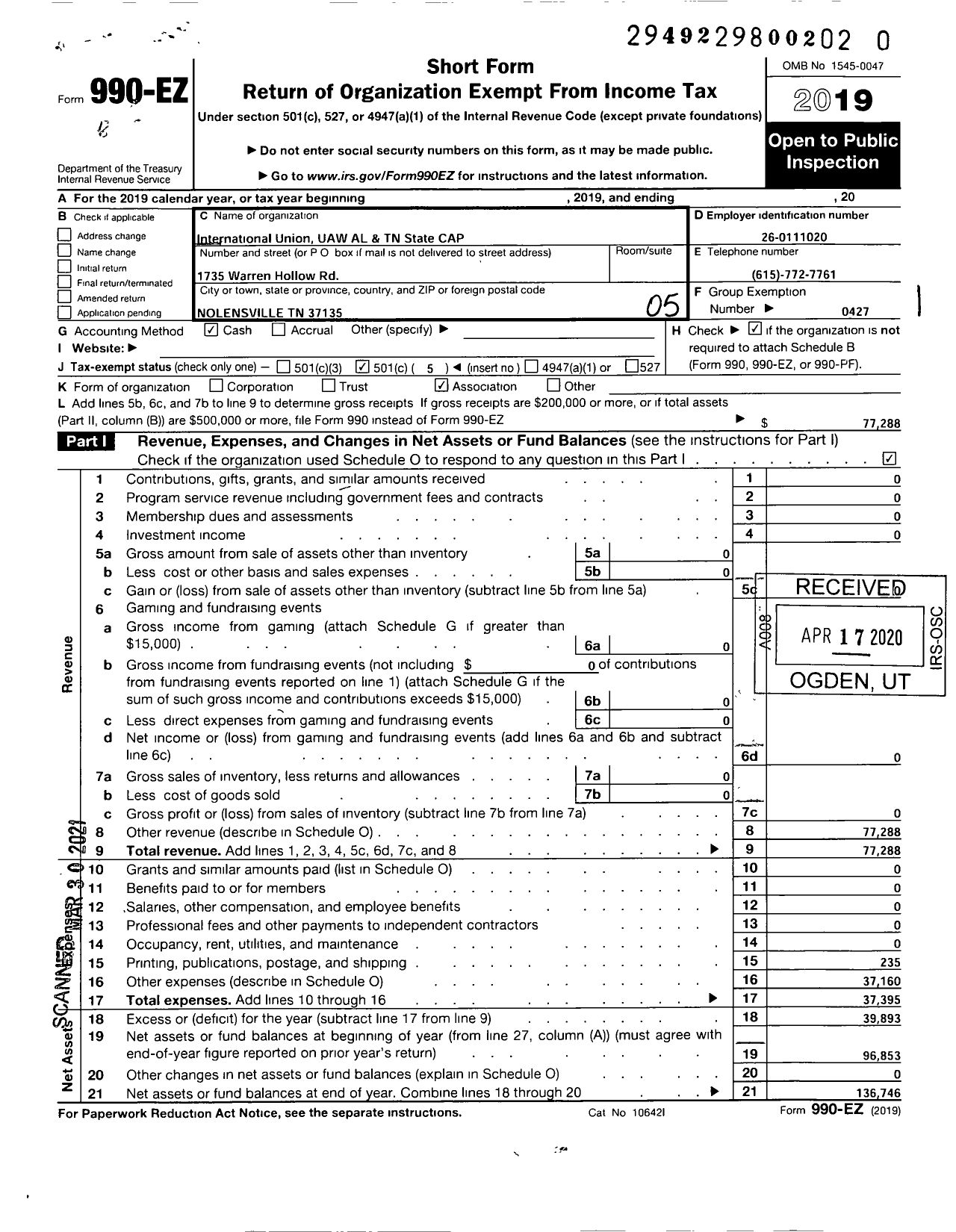 Image of first page of 2019 Form 990EO for Uaw - Alabama & Tennessee State Cap