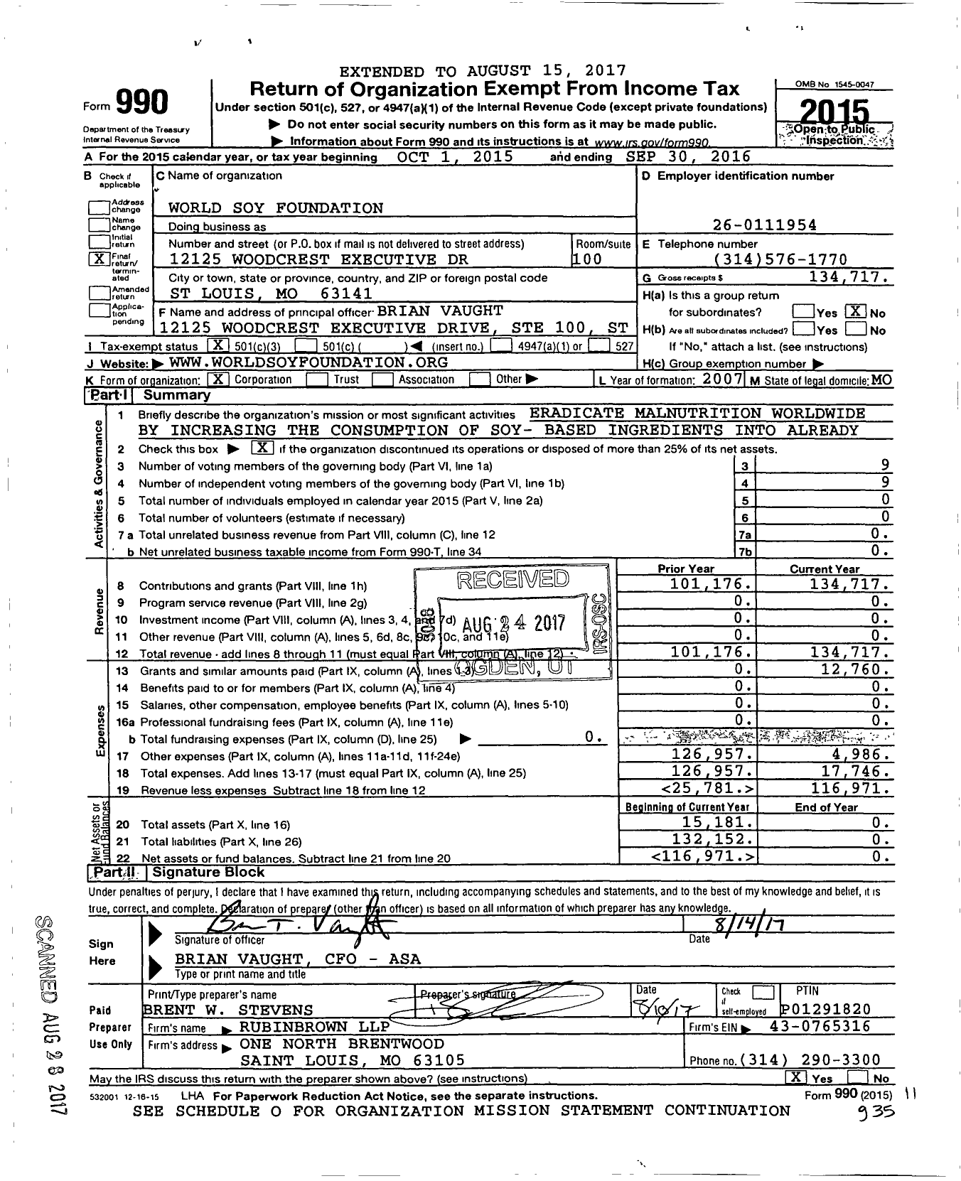 Image of first page of 2015 Form 990 for World Soy Foundation