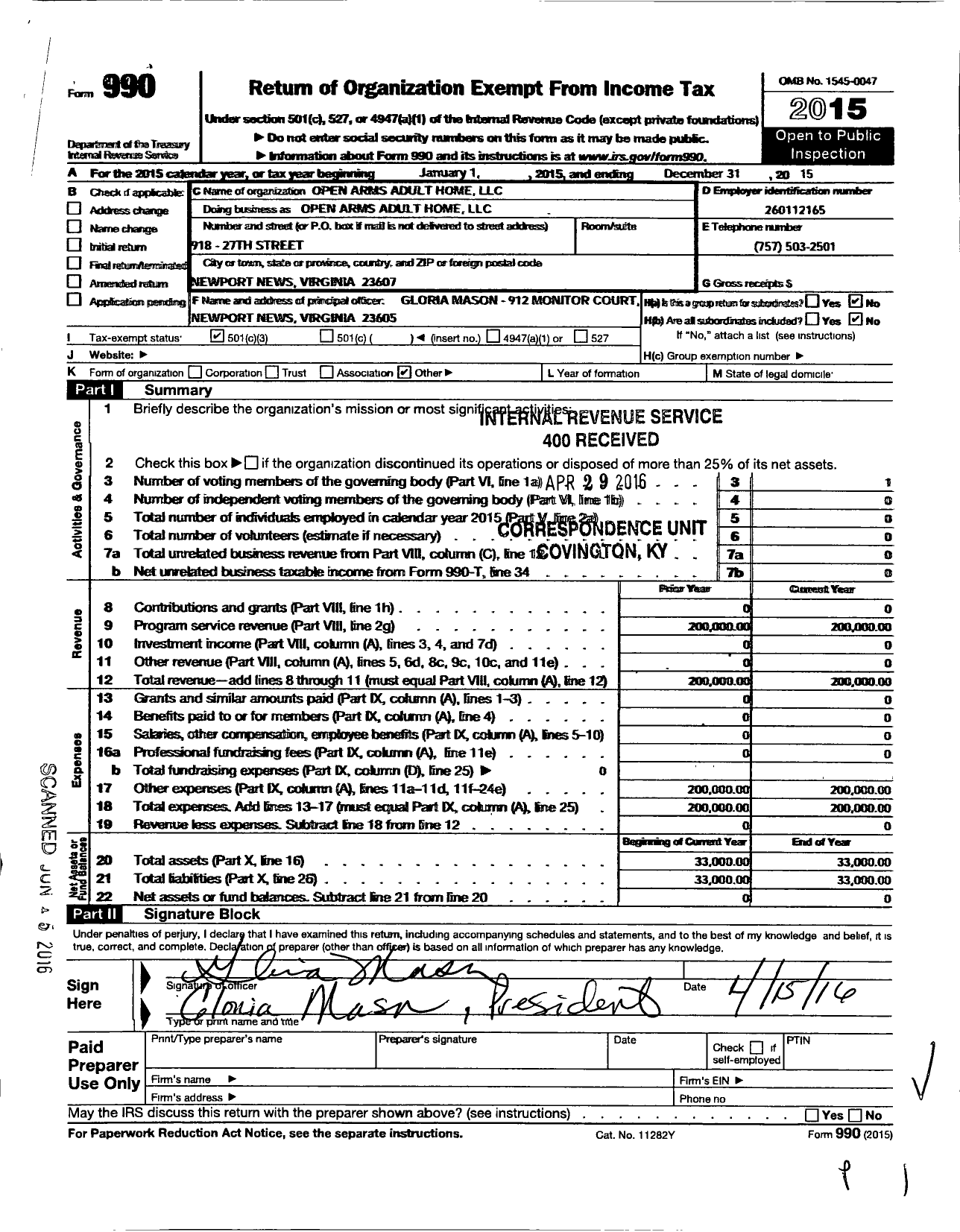 Image of first page of 2015 Form 990 for Open Arms Adult Home LLC