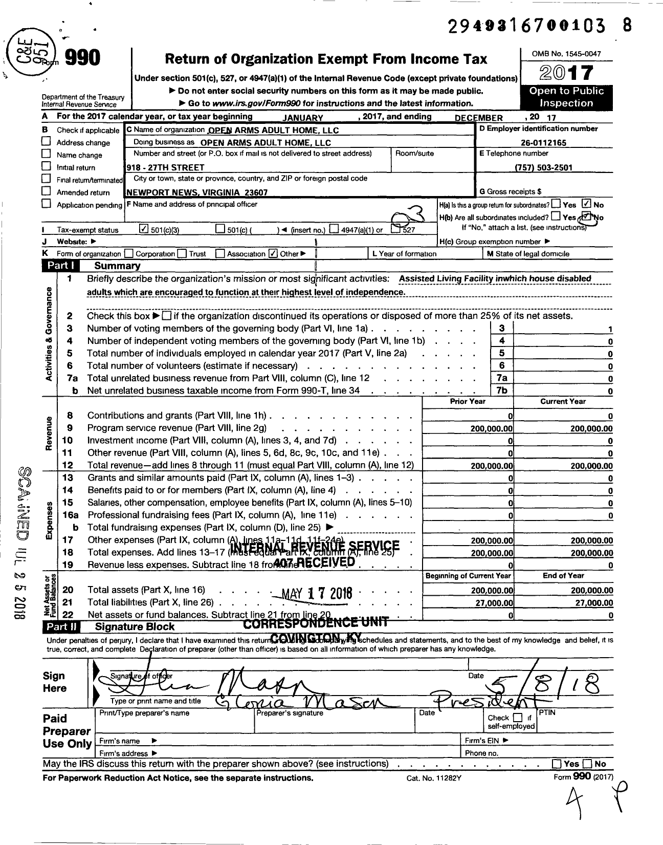 Image of first page of 2017 Form 990 for Open Arms Adult Home LLC