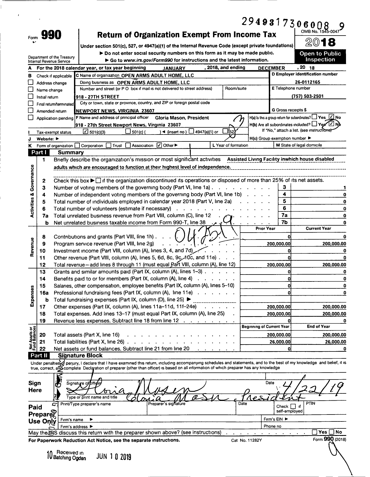Image of first page of 2018 Form 990 for Open Arms Adult Home LLC
