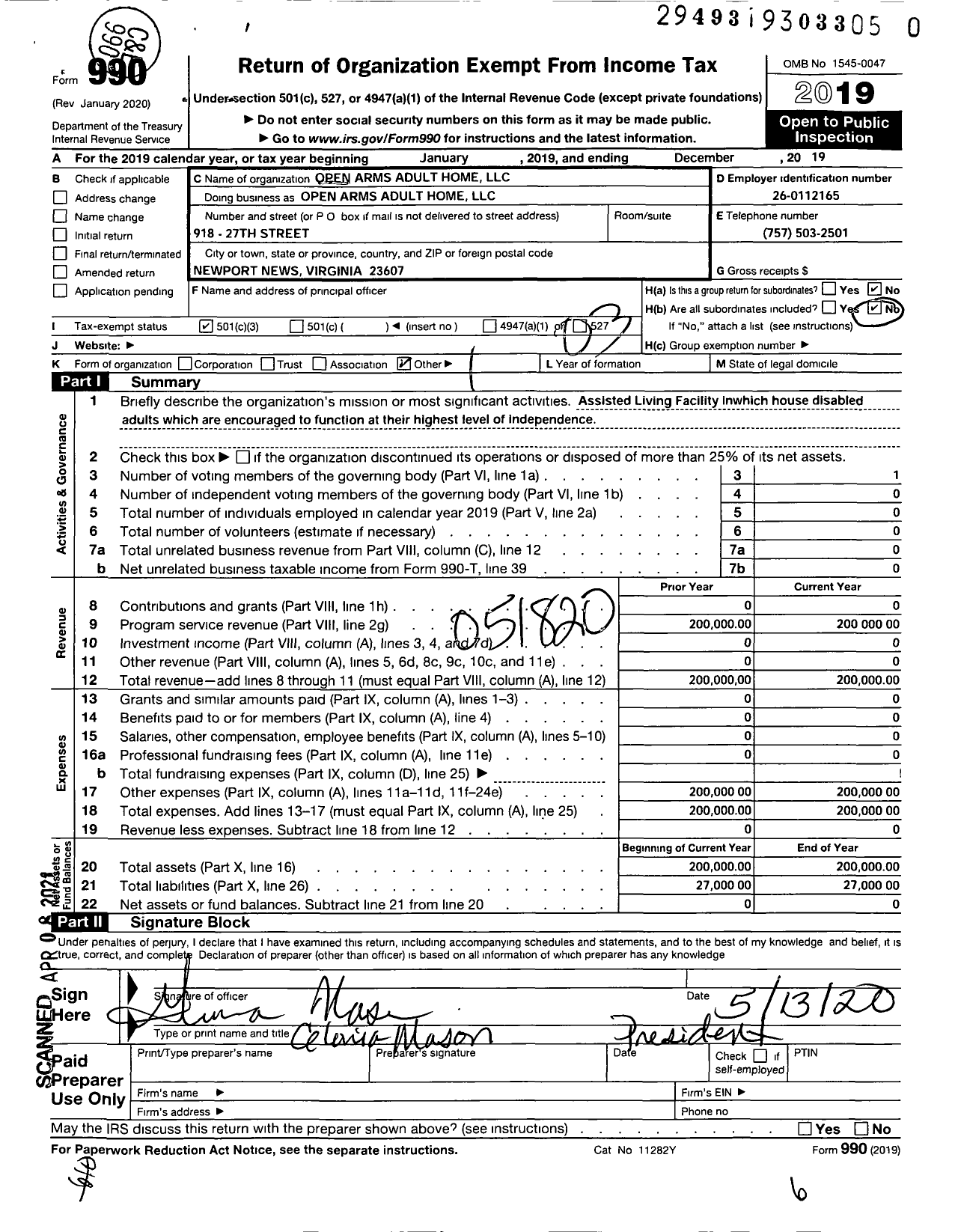 Image of first page of 2019 Form 990 for Open Arms Adult Home LLC