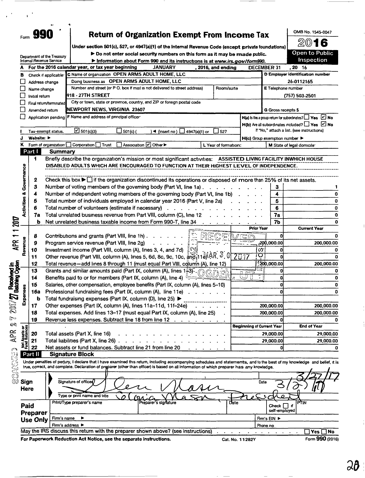 Image of first page of 2016 Form 990 for Open Arms Adult Home LLC