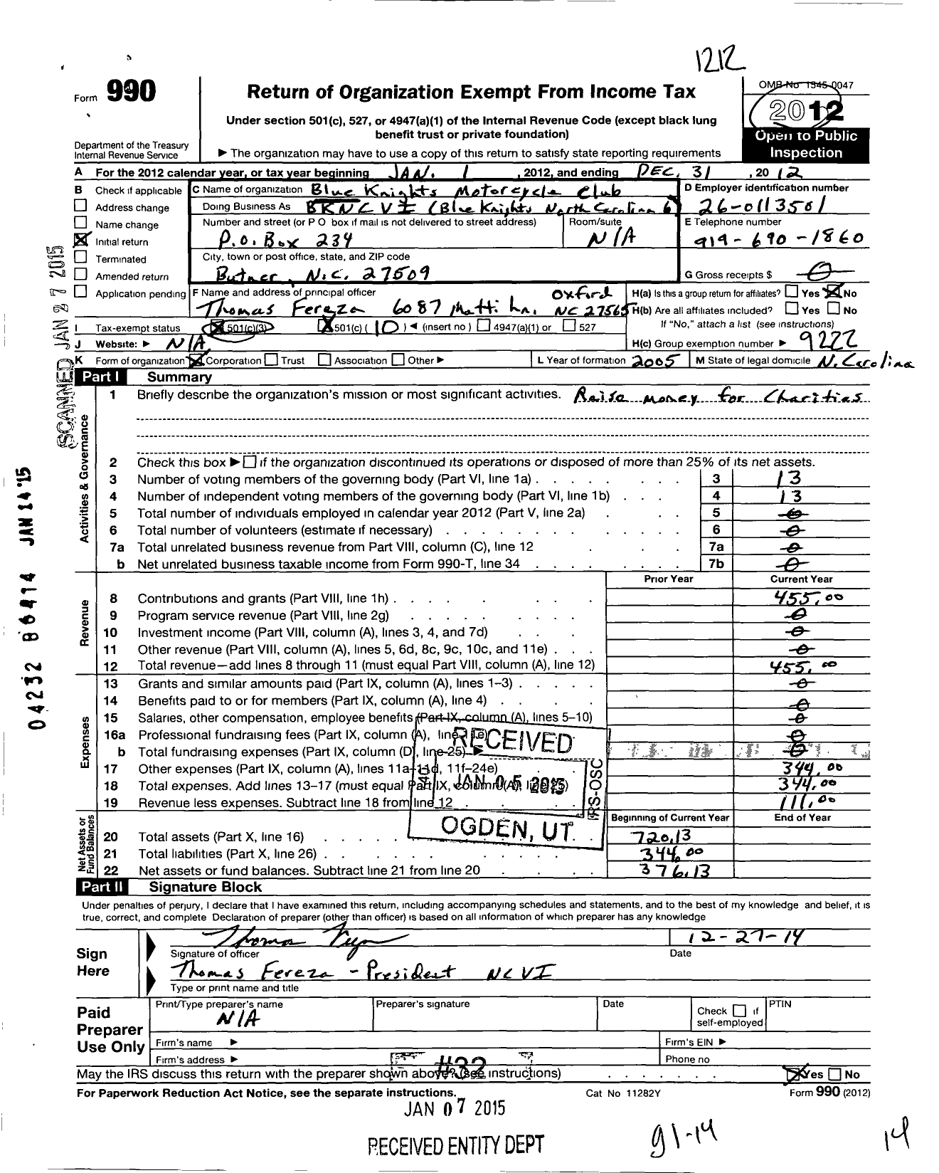 Image of first page of 2012 Form 990O for Blue Knights Motorcycle Club / NC Vi Lawson