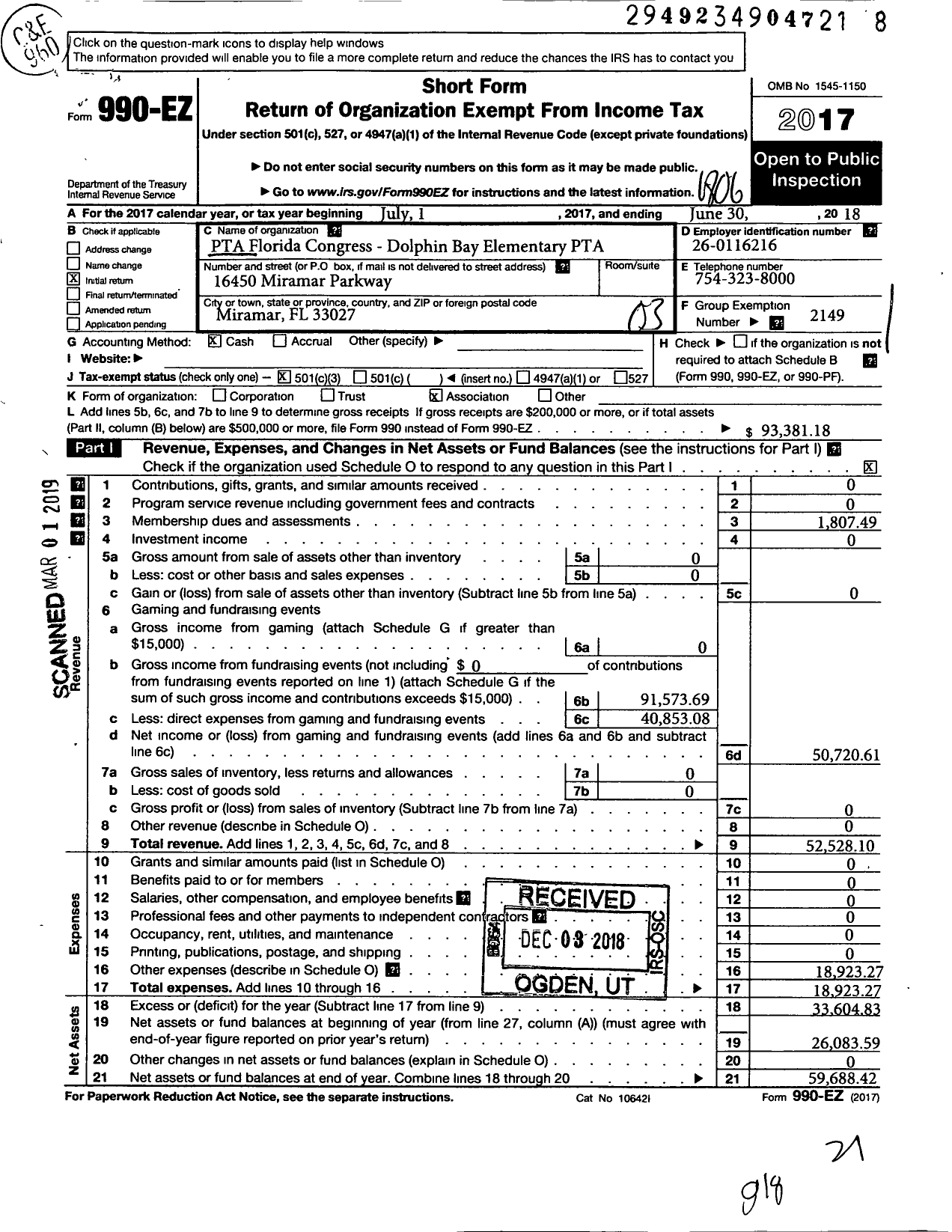 Image of first page of 2017 Form 990EZ for PTA Florida Congress - Dolphin Bay Elementary School