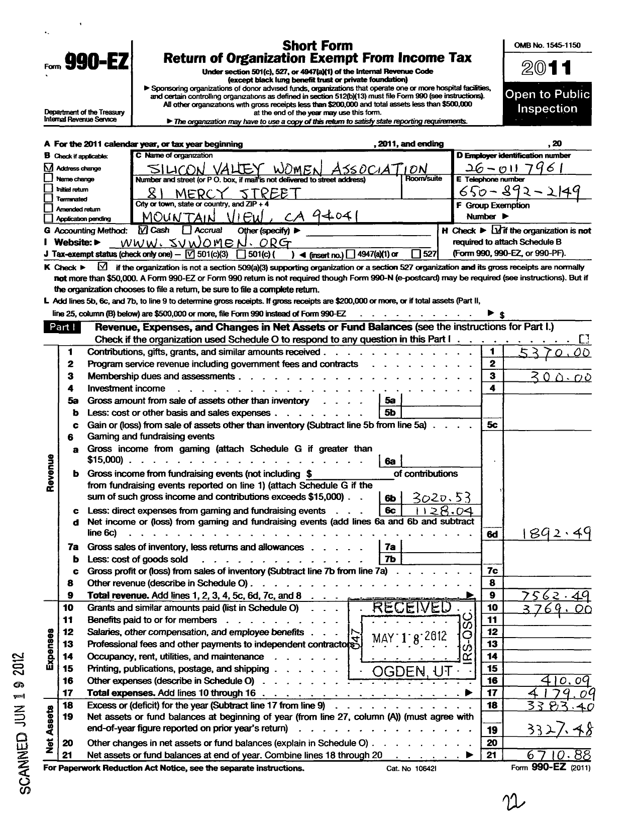 Image of first page of 2011 Form 990EZ for Silicon Valley Women Alliance (SVWA)